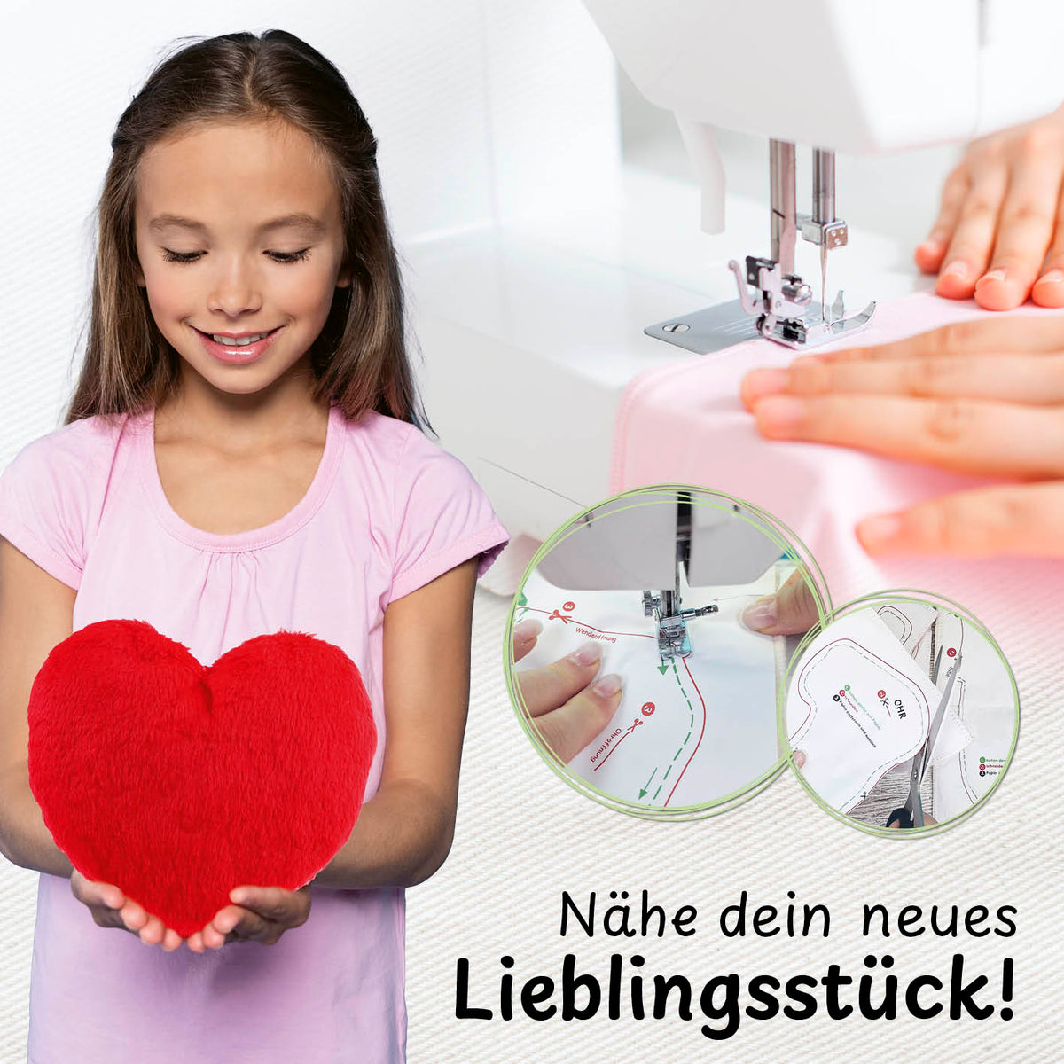 Näh-Baukastenset Motiv Herz Liebling mit Anleitung, ideal für Kinder zum spielerischen Nähen lernen mit Nähmaschine.