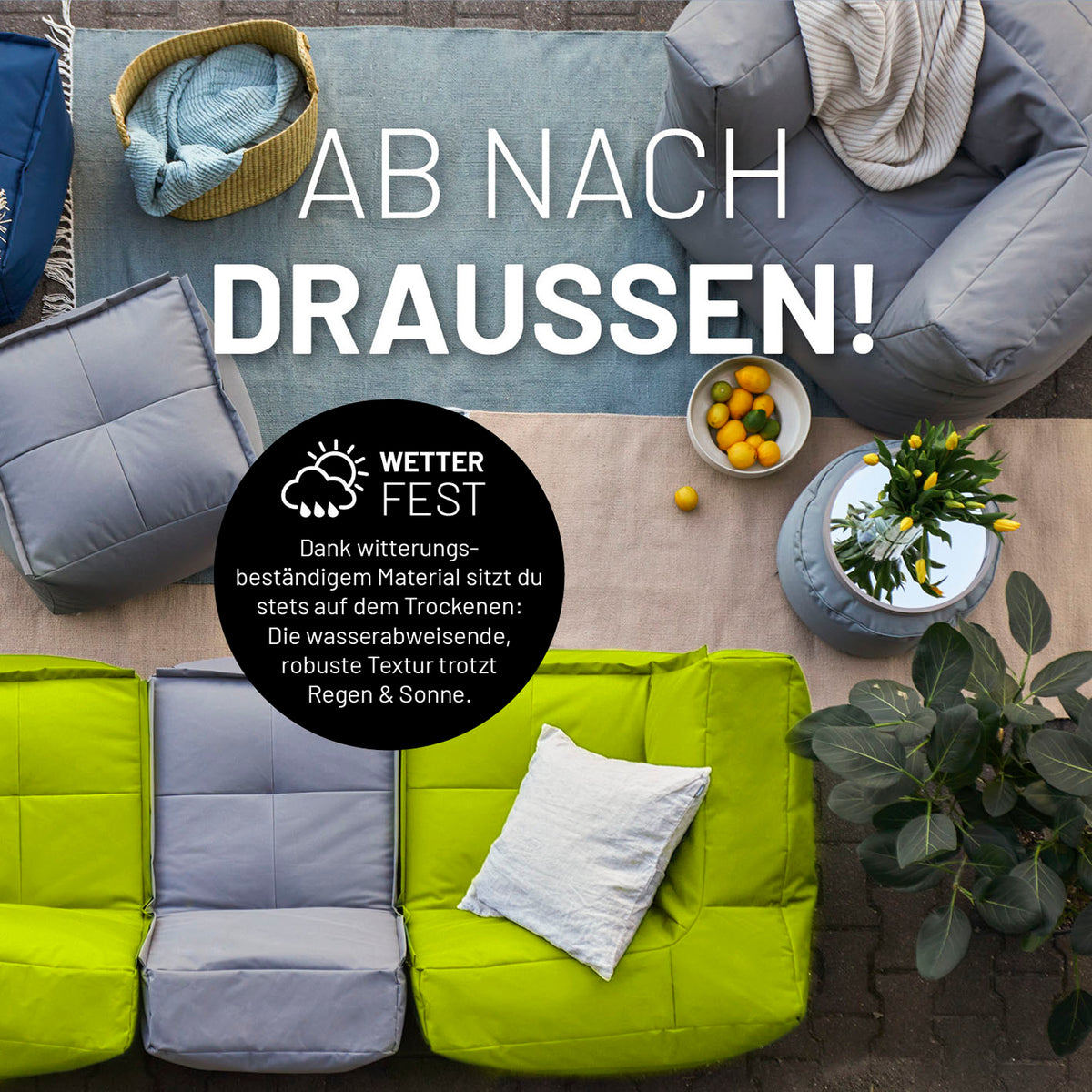 Sitzsack-Sofa Ecke (340 L) Apfelgrün, wetterfest, modular, indoor & outdoor, mit abwischbarem Bezug und extrastarkem Material.