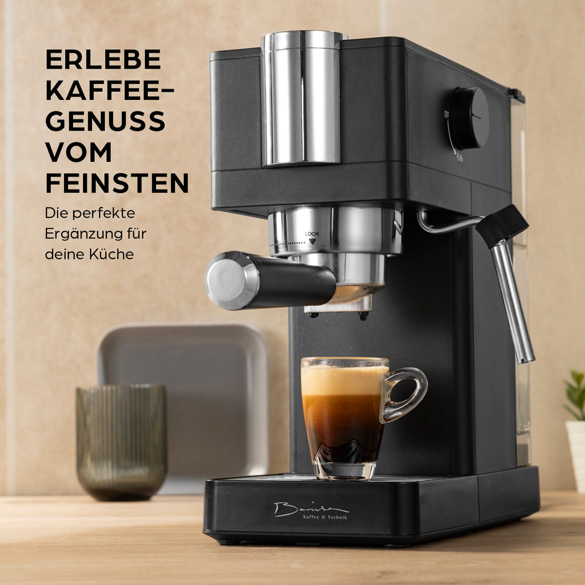 Siebträgermaschine Espresso Slim - 20 bar mit Thermoblock, Milchschaumdüse und Tassenwärmer für perfekten Espresso-Genuss zu Hause.
