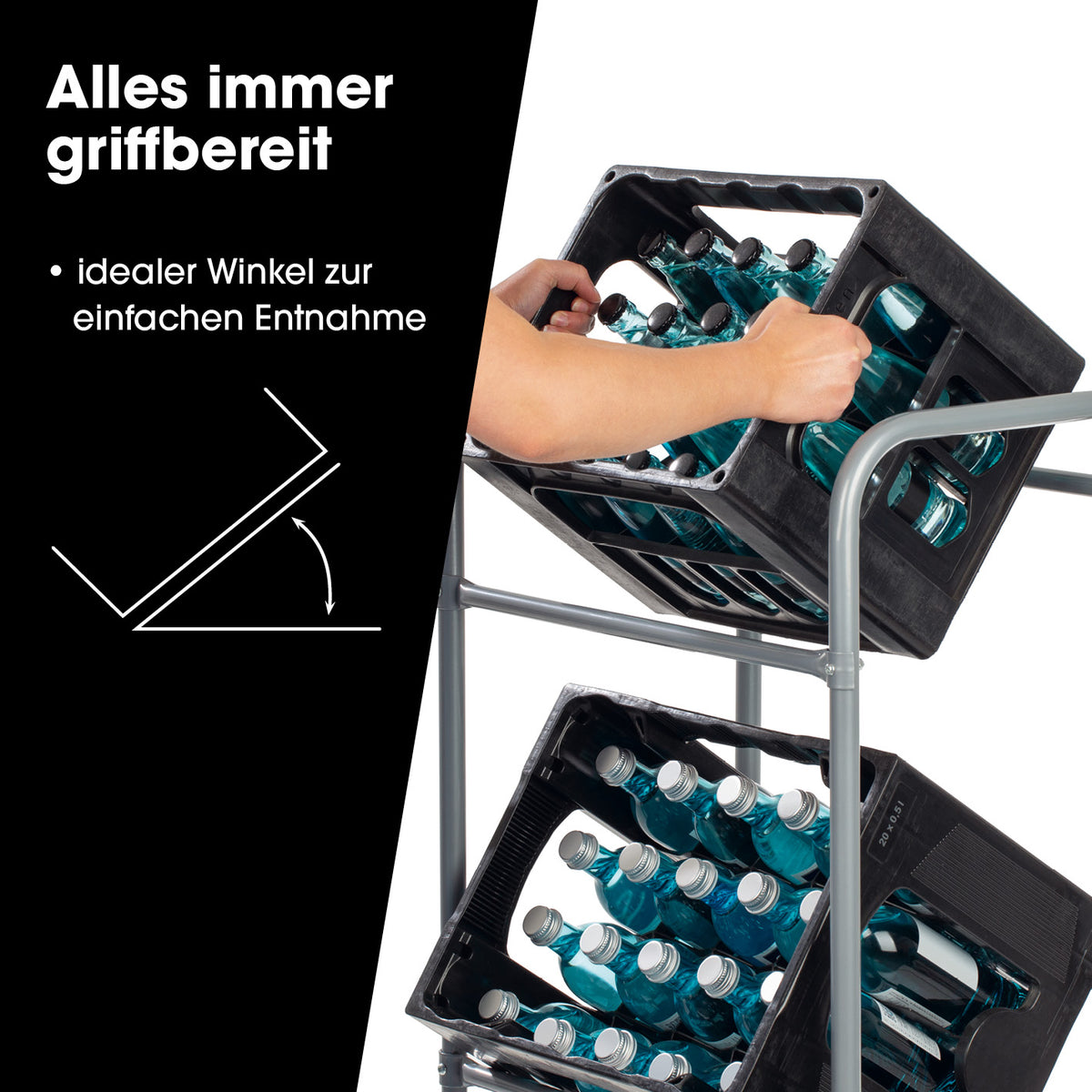 Getränkekistenregal aus Metall für 3 Kästen 2er-Set mit idealem Winkel für schnellen und einfachen Zugriff auf Flaschen.