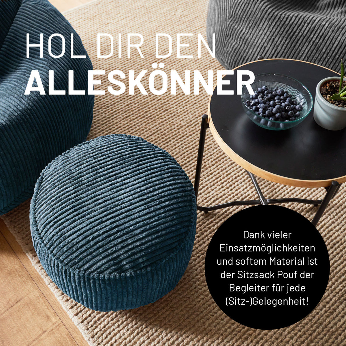 Sitzsack Pouf aus der Cord-Reihe - Grau mit weichem Bezug, vielseitig als Hocker, Schemel oder Ablage nutzbar im modernen Boho-Design.