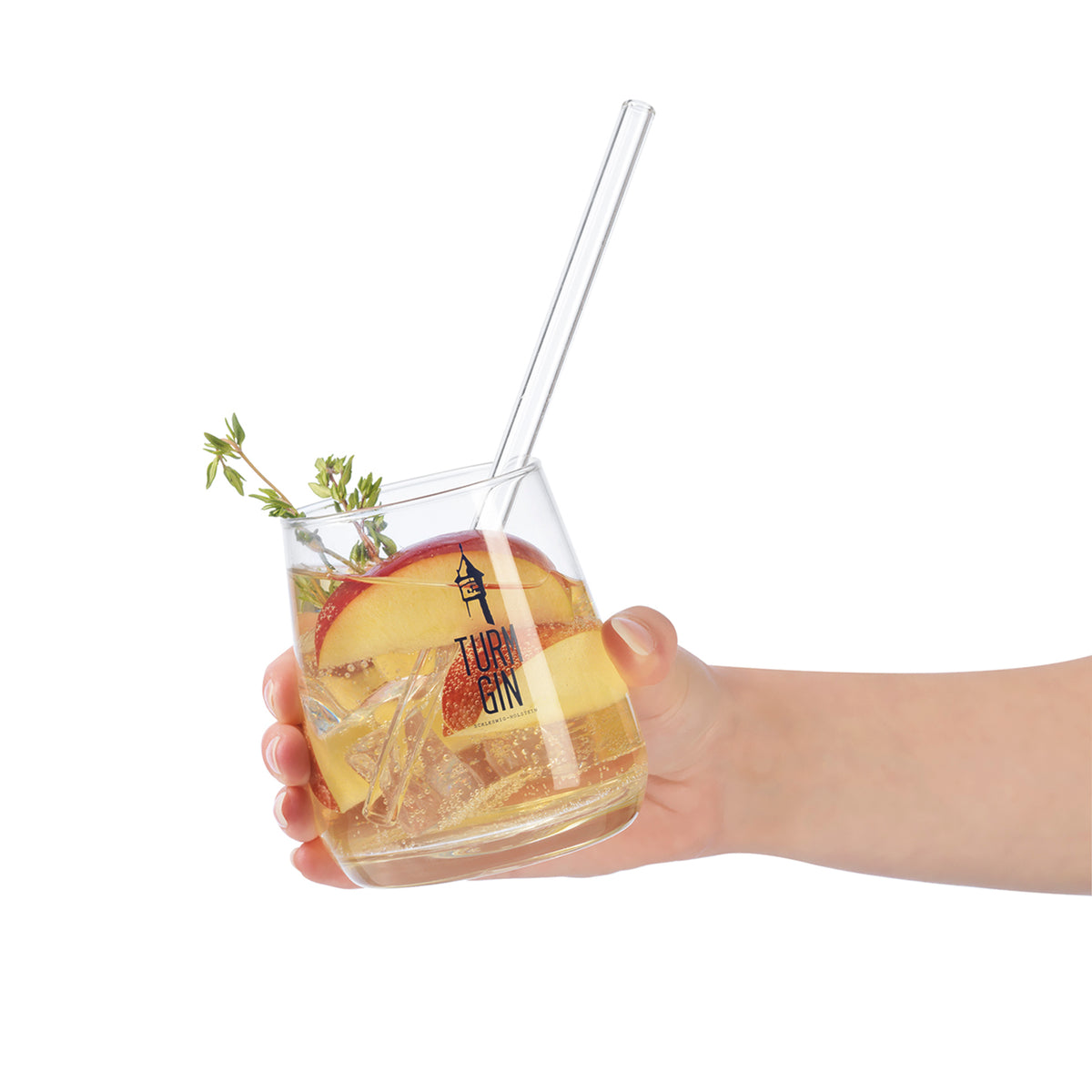 Glas mit Logo und Siegel - je 370 ml - 2er-Set, stilvolles TURM GIN Glas mit Getränk, klar, dekorativ und spülmaschinengeeignet.