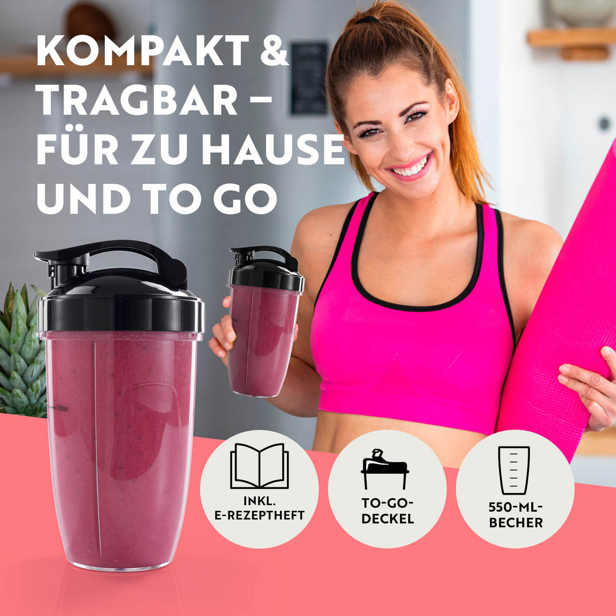Frau mit Yogamatte hält Smoothie, Nutrition Mixer Pro 1.000 mit Zubehörset L Schwarz Silber To-Go Becher kompakt und tragbar