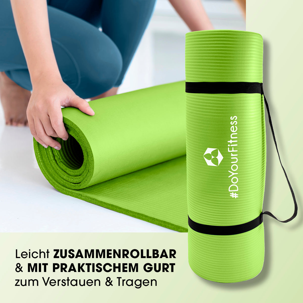 Fitness- und Gymnastikmatte - 183 x 61 x 1,5 cm - Grün, rutschfest, leicht zusammenrollbar mit praktischem Tragegurt, ideal für Yoga und Gymnastik.