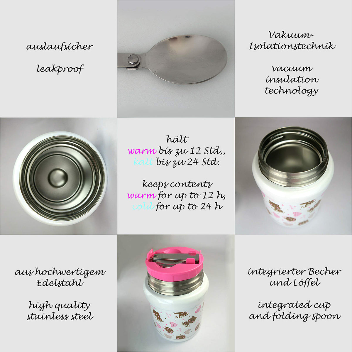 Thermobehälter 450 ml - Katzen/Rosa mit auslaufsicherer Edelstahl-Isolierung, integriertem Löffel und bis zu 12h warm, 24h kalt.