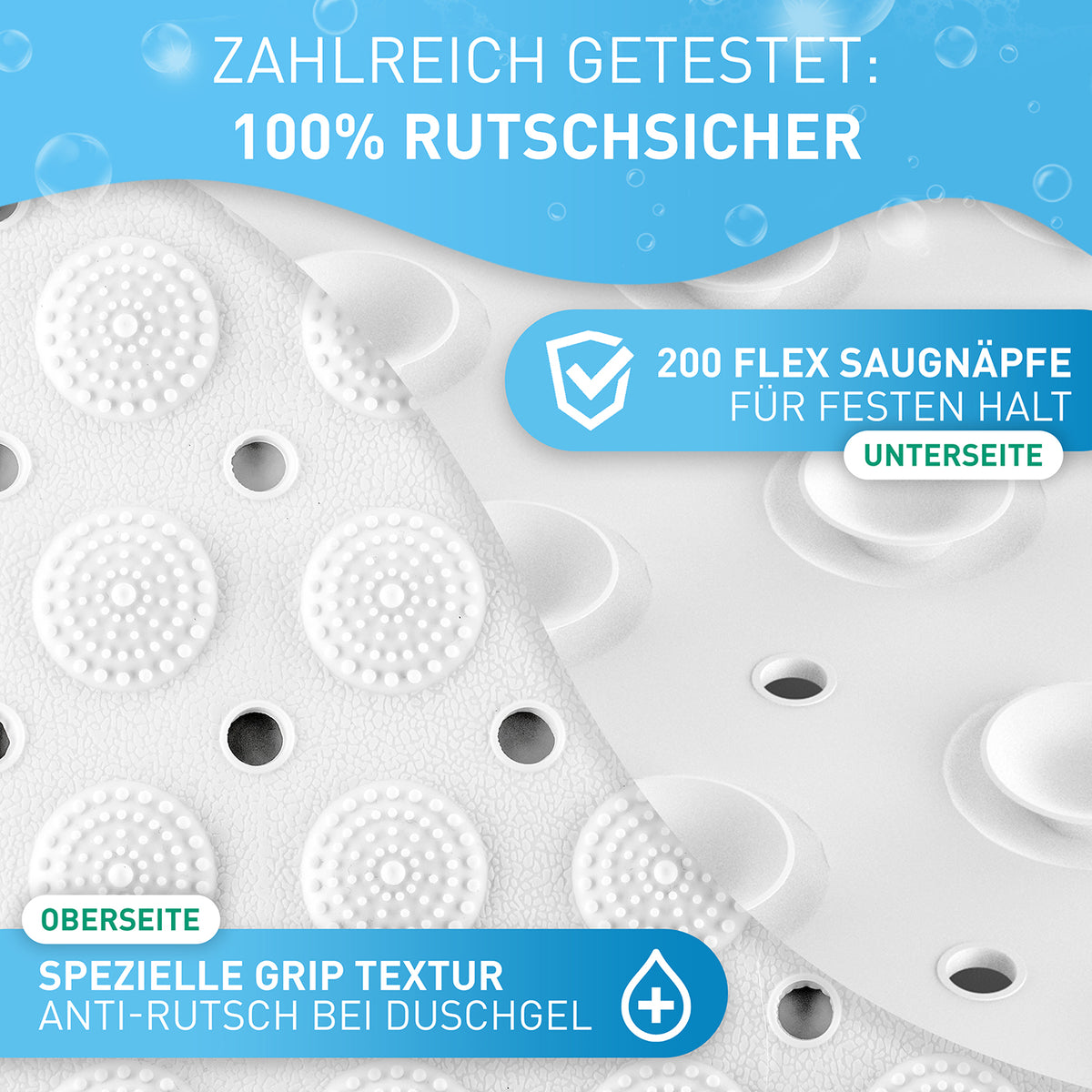 Badewannenmatte - Weiß - 100 x 40 cm mit 200 Flex-Saugnäpfen und spezieller Grip-Textur für sicheren Halt und Rutschfestigkeit.