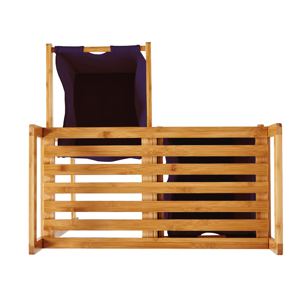 Bambus Wäschekorb mit 2 ausziehbaren lila Wäschesäcken, 73x64x33 cm, wasserabweisend, stabil und pflegeleicht.