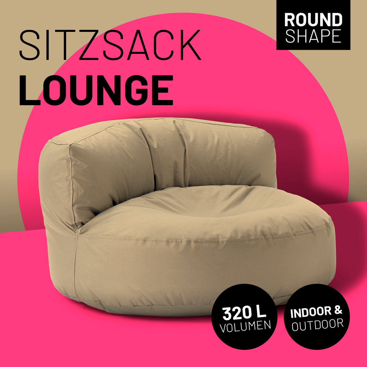 Sitzsack Lounge (320 L) beige, rund, bequem für drinnen & draußen, mit langlebigen Nähten und pflegeleichtem Material.