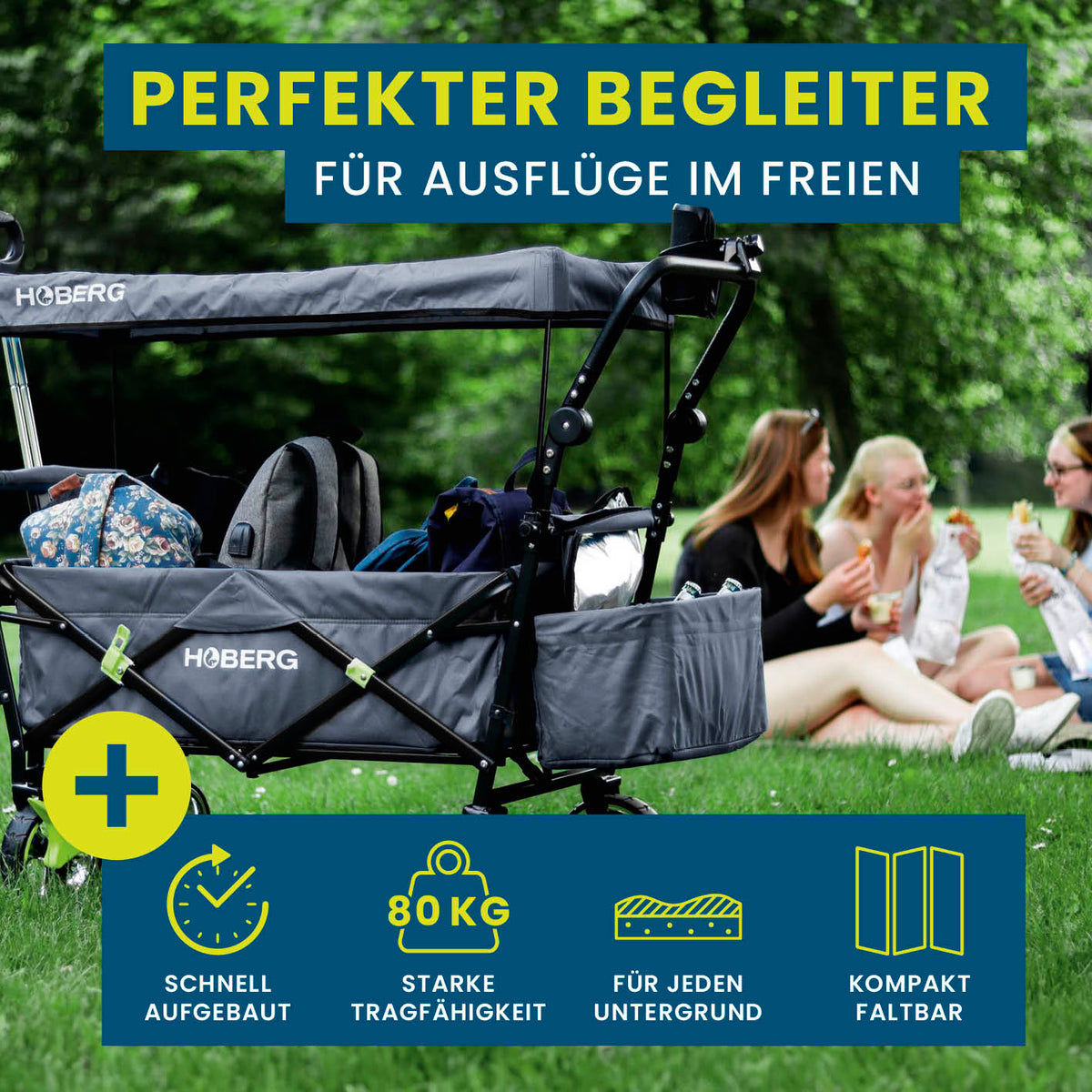 Faltbarer Bollerwagen - Grau von HOBERG, robust, faltbar, 80 kg Tragfähigkeit, mit wasserfestem Dach, ideal für Ausflüge im Freien.