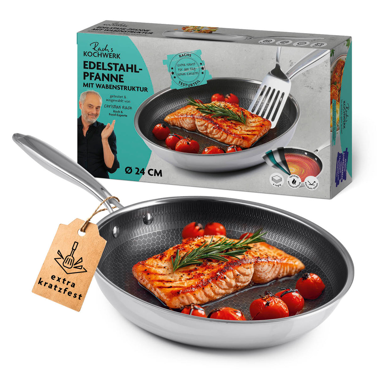 Edelstahl-Pfanne mit Wabenstruktur Ø 24 cm, kratzfest, antihaftbeschichtet, für alle Herdarten, mit Soft-Touch-Griff und hohem Rand.