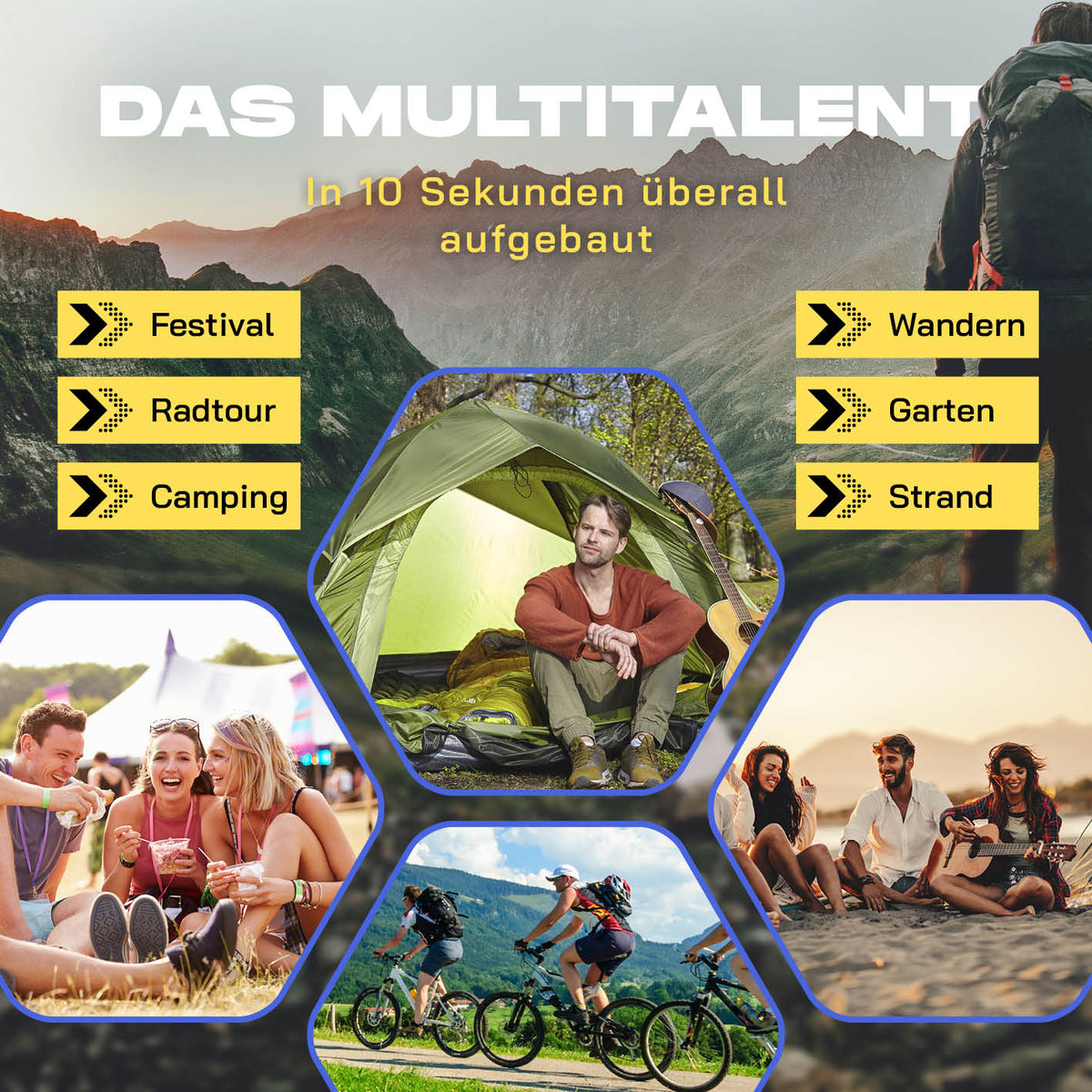Pop-up-Wurfzelt für 4 Personen mit Kühleffekt - weiß/schwarz, schnell aufbaubar, ideal für Camping, Festival, Strand, Garten und Wandern.