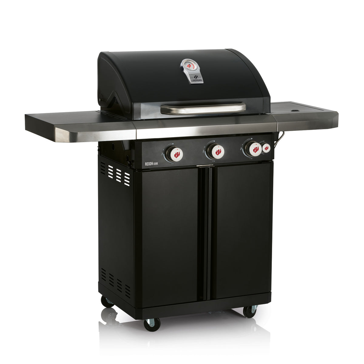 Gasgrill Rexon PTS 3.1 - schwarz mit 3 Edelstahl-Brennern, seitlichem Seitenbrenner, emaillierten Grillrosten und Temperaturanzeige im Deckel.