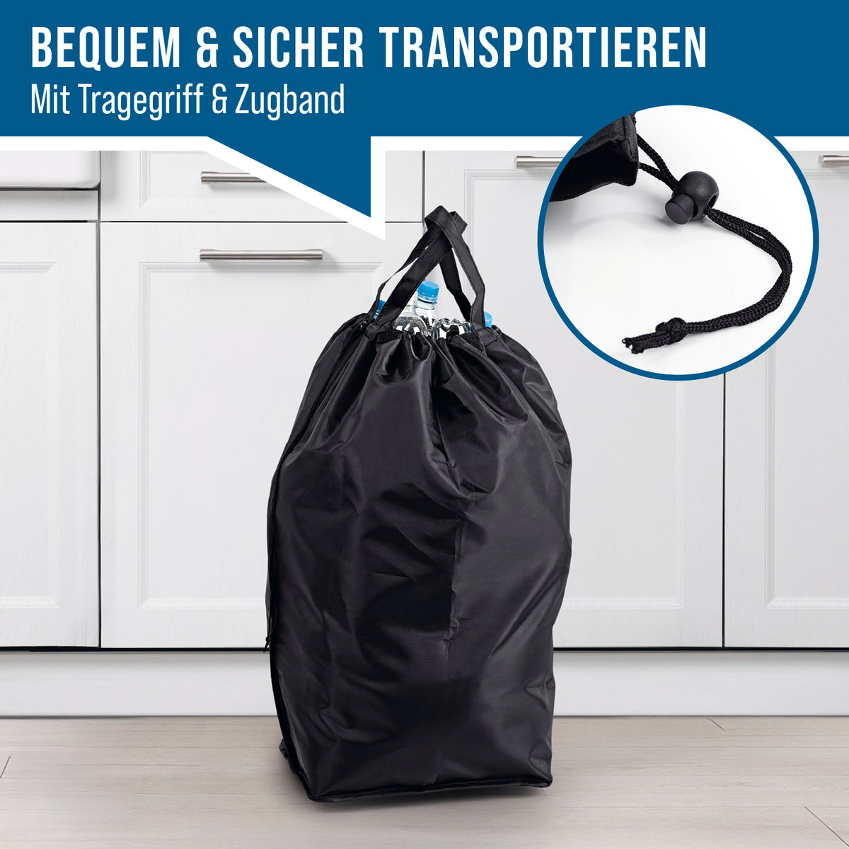 Pfandflaschen-Sammelbehälter - Schwarz mit Tragegriff und Zugband für bequemen und sicheren Transport von leeren Flaschen.