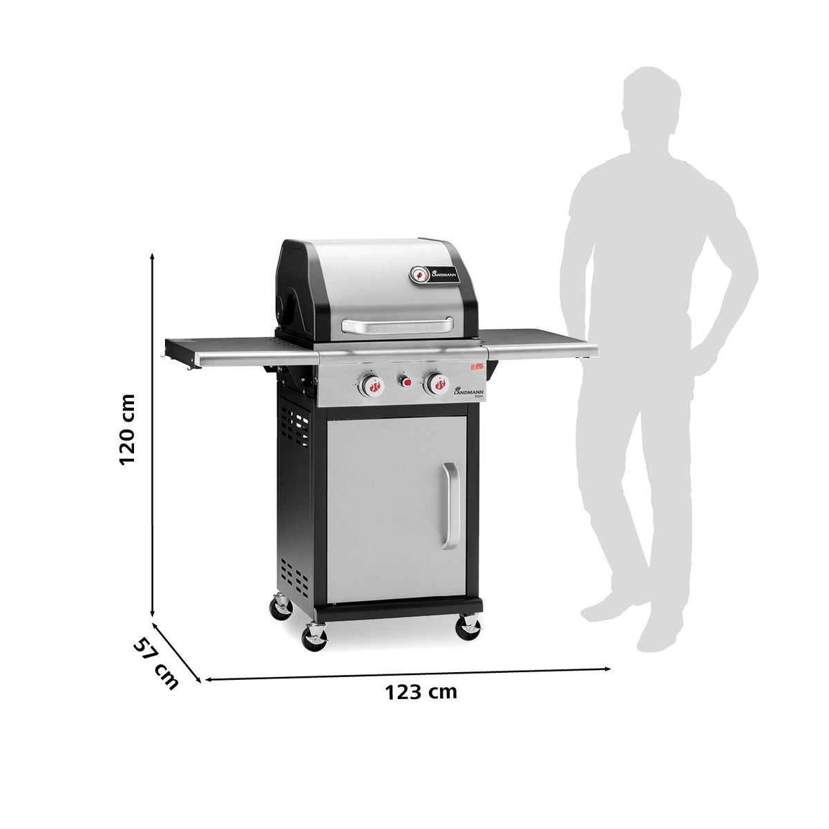 Gasgrill Triton PTS 2.0 silber mit 2 Edelstahl-Brennern, emailliertem Gusseisengrillrost und geschlossenem Unterschrank.