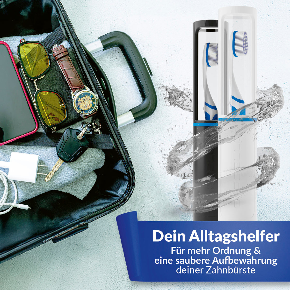 Capsello Zahnbürstenbox schwarz als 5-in-1 Reiseetui schützt Zahnbürsten hygienisch und sorgt für sichere Aufbewahrung unterwegs.