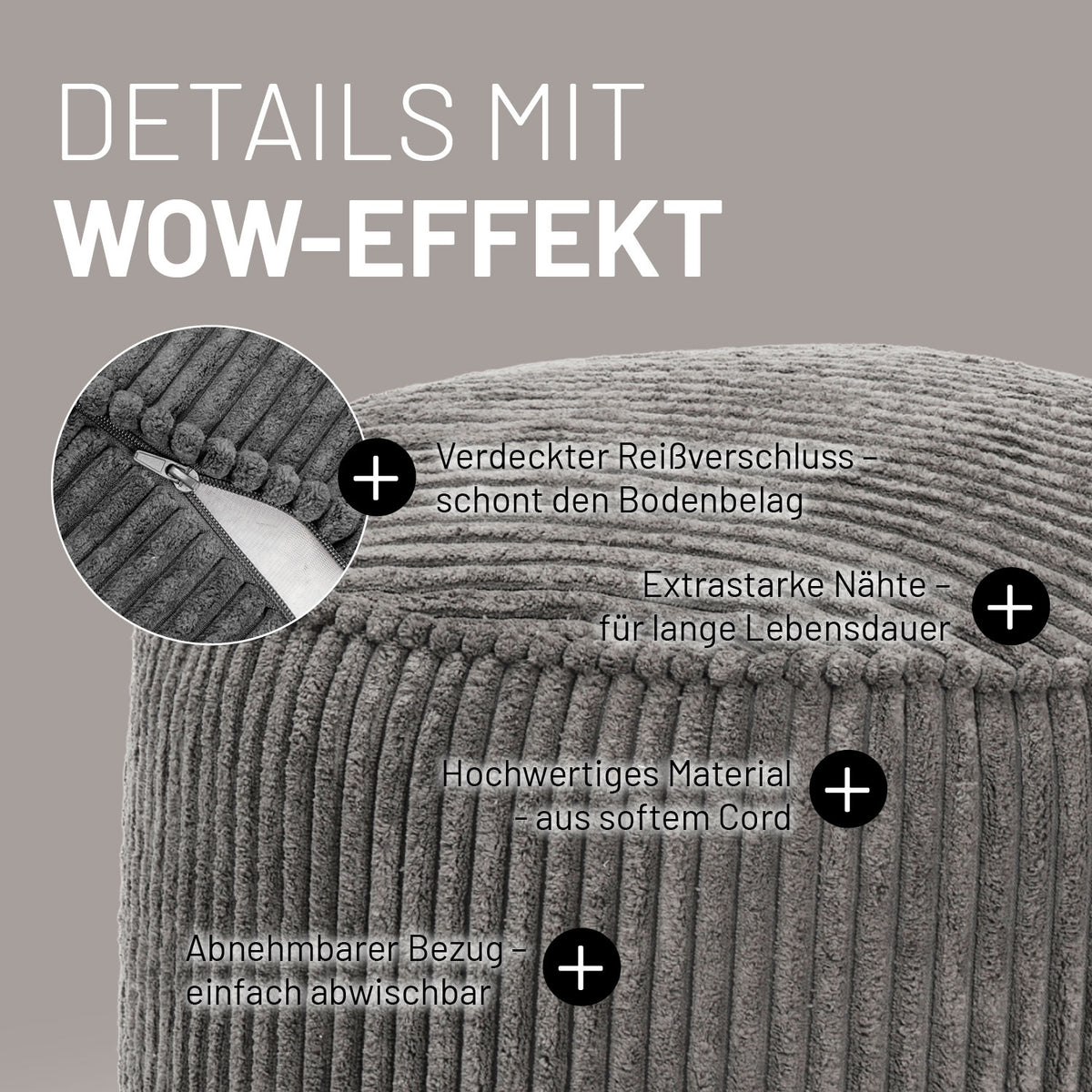 Sitzsack Pouf aus der Cord-Reihe - Grau mit verdecktem Reißverschluss, robustem Softcord, abnehmbarem Bezug und verstärkten Nähten.
