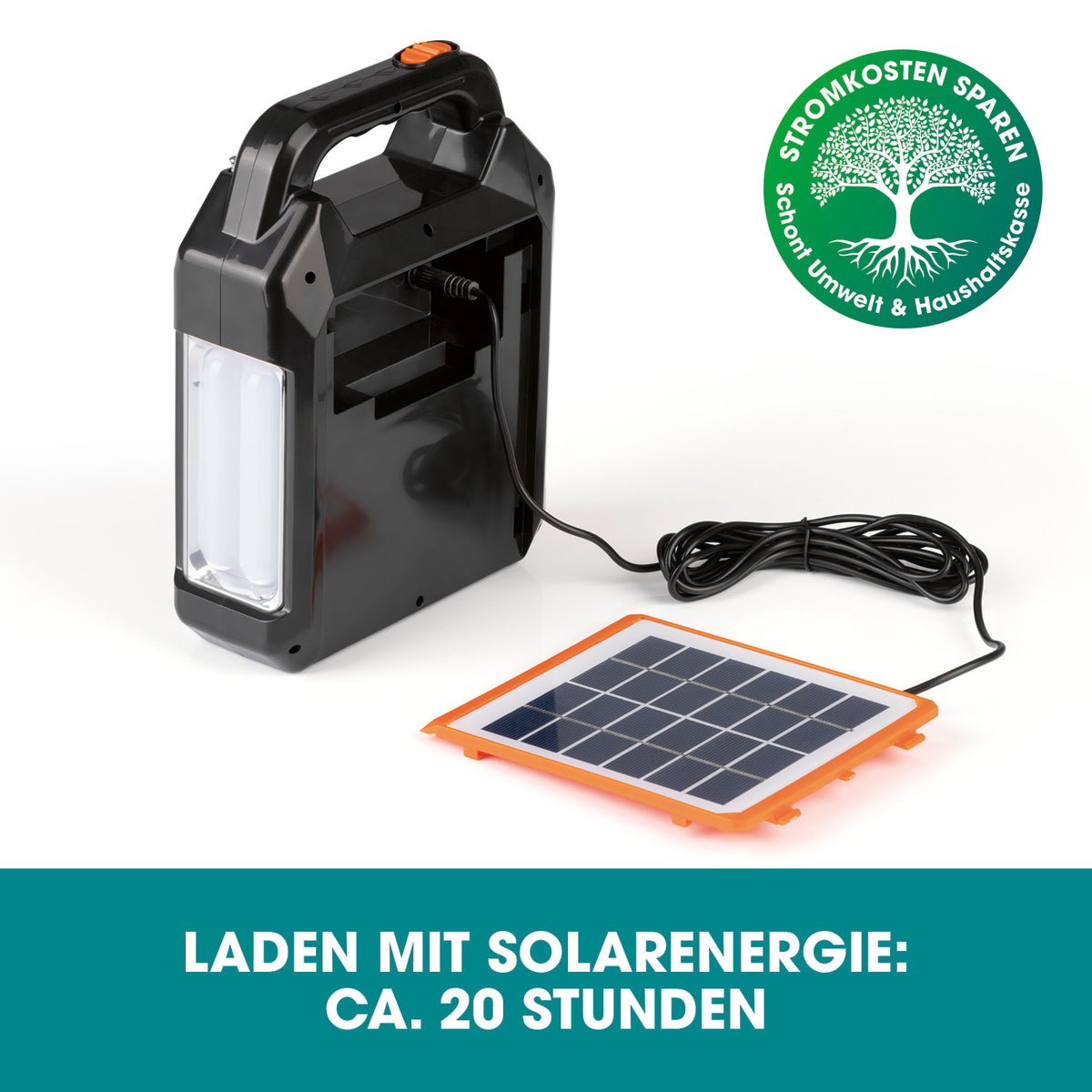 Solar-Generator Kit 4500mAh schwarz/orange mit Solarpanel, Taschenlampe und LED-Leuchten für mobiles Laden und Radioempfang.