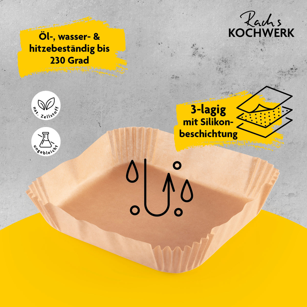 Backpapierschalen für Heißluftfritteusen (2–5 l) öl-, wasser- & hitzebeständig bis 230° mit 3-lagiger Silikonbeschichtung.