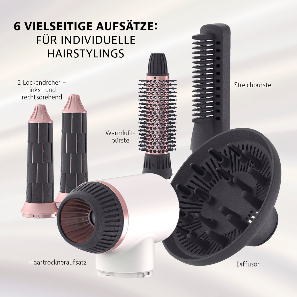 my BEAUTY STYLER - 7-tlg. Set mit 6 vielseitigen Aufsätzen für trocknen, stylen, glätten und Locken kreieren, inkl. Diffusor und Lockendreher.