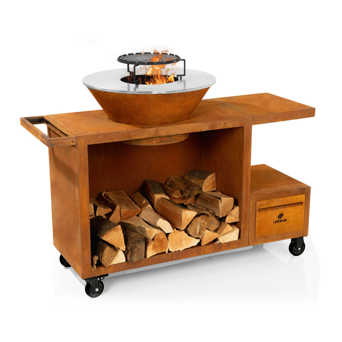 Feuerschalen-Wagen + Plancha-Grill KORREO mit Feuerschale Ø 70 cm, Holzlager, Plancha-Grillplatte und Rollen für leichten Transport.