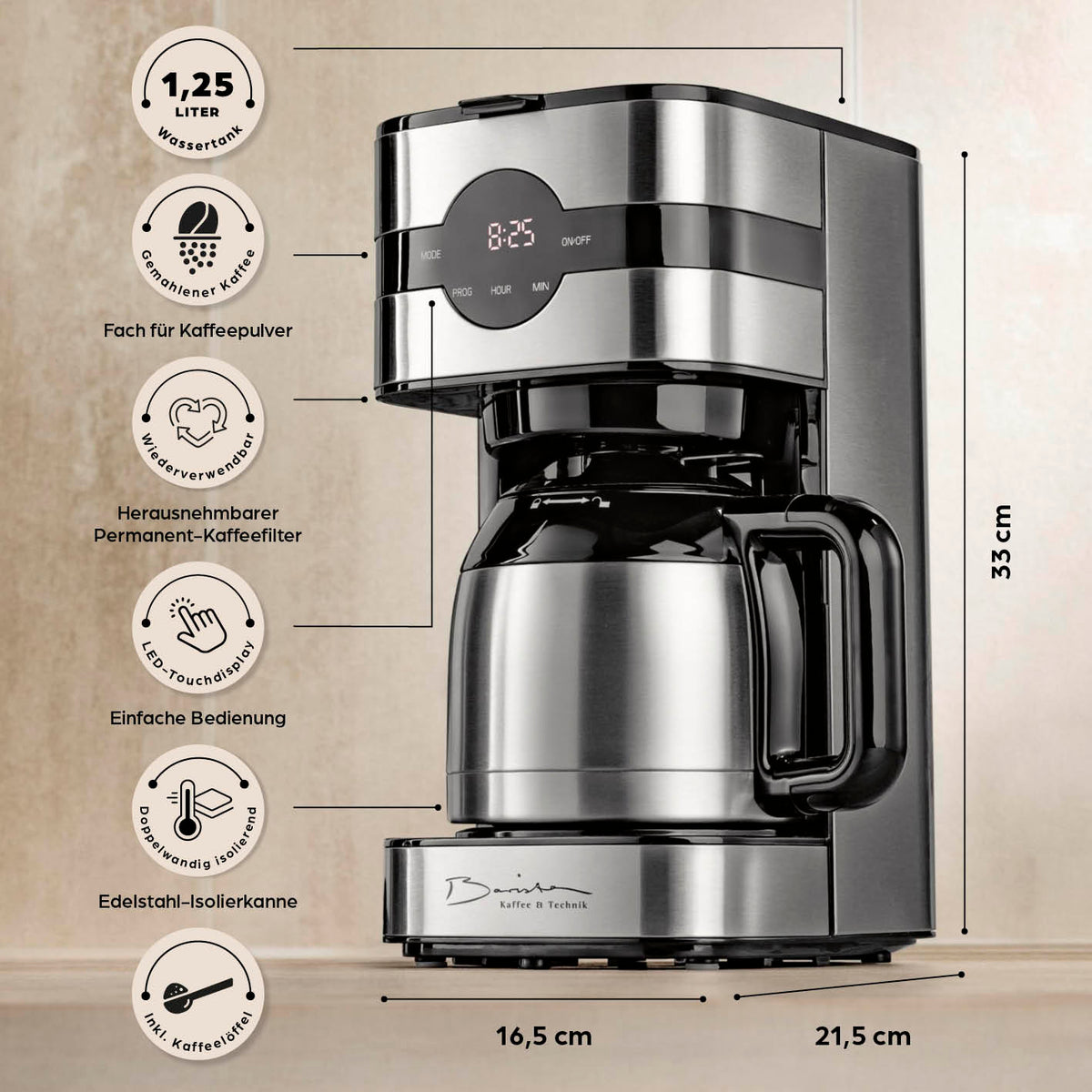 Filterkaffeemaschine Touch Iso - Silber mit Edelstahl-Isolierkanne, Timerfunktion, LED-Touchdisplay und permanentem Kaffeefilter.