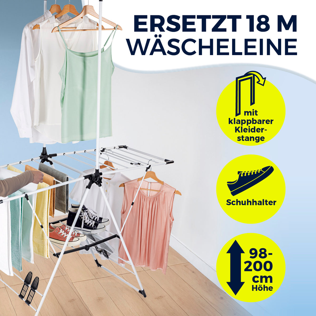 Falt-Wäscheständer 1800 mit klappbarer Kleiderstange, Schuhhalter, bis 18 m Trockenlänge, höhenverstellbar 98-200 cm, platzsparend.