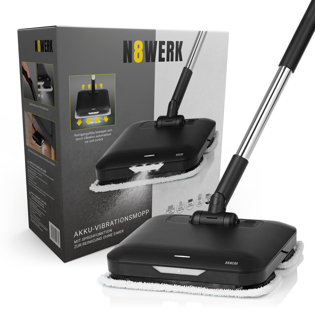 Akku-Vibrationsmopp Midnight Black Edition mit Sprühfunktion, LED-Beleuchtung und vibrationsunterstützter Bodenreinigung für alle Böden.