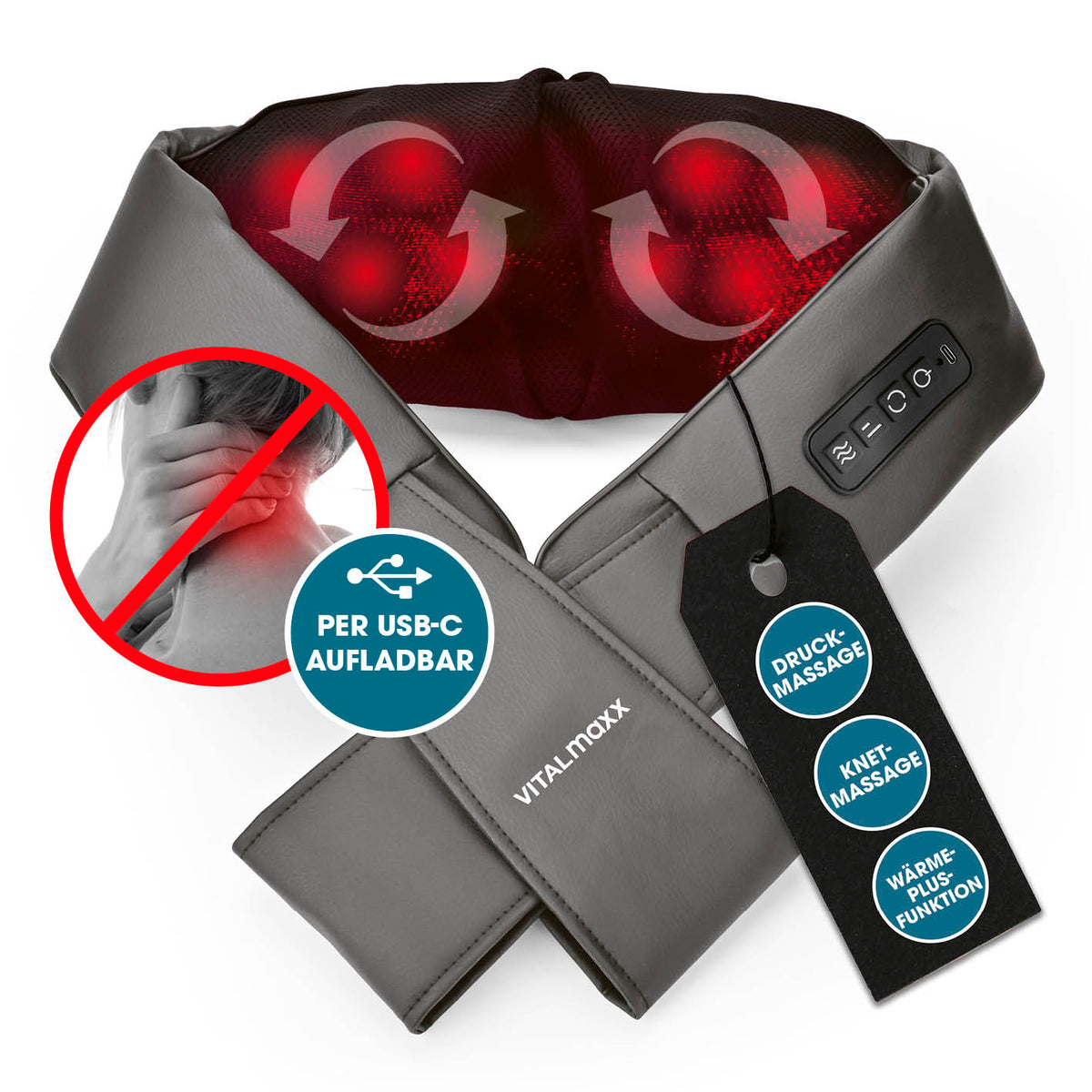 Shiatsu-Massagegerät mit Druck- und Knetmassage, Wärmefunktion, USB-C Aufladung und individuell einstellbarer Massage.