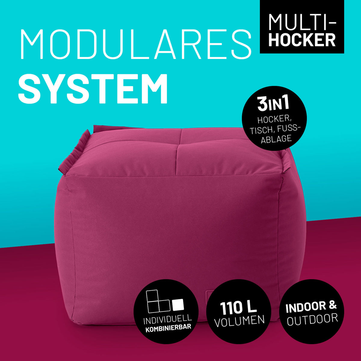 Sitzsack-Hocker (200 L) - Modulares System - indoor & outdoor - Rotwein, vielseitig nutzbar als Hocker, Tisch und Fußablage.