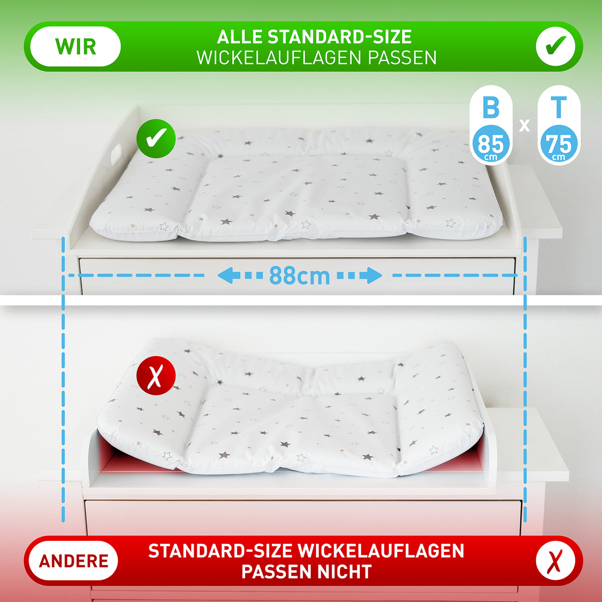 Wickelaufsatz HappyBaby - Weiß - 85 x 75 x 13 cm auf Hemnes Kommode mit passender Standard-Wickelauflage, extra breit und sicher befestigt.