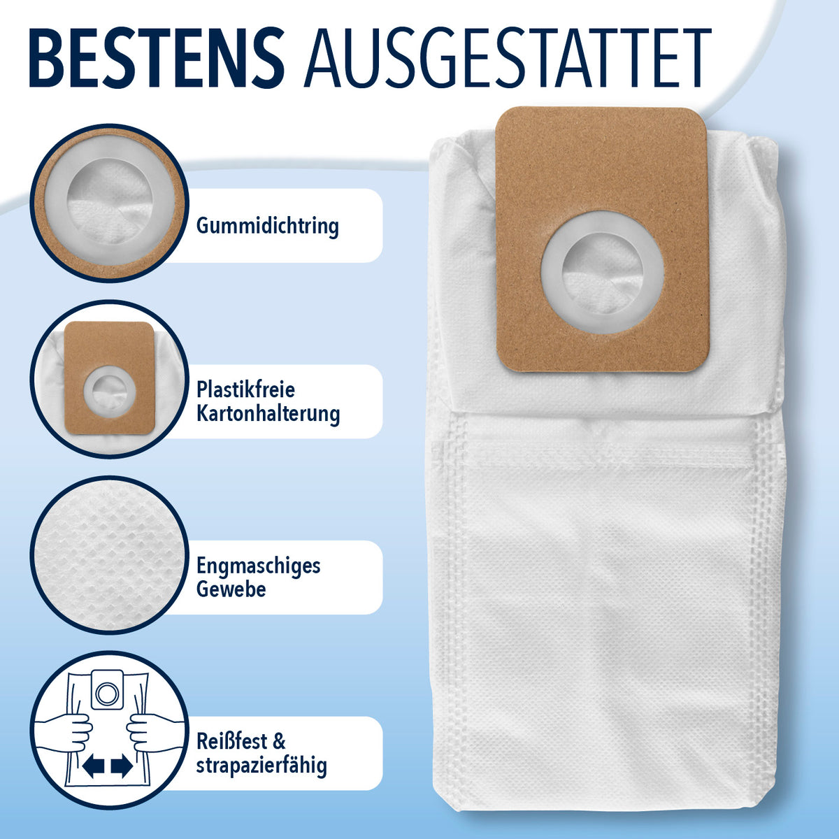 Staubbeutel 10er-Set für CLEANmaxx AeroTec 500 Absaugstation 3,5 l mit Gummidichtring, reißfest und plastikfreier Kartonhalterung.