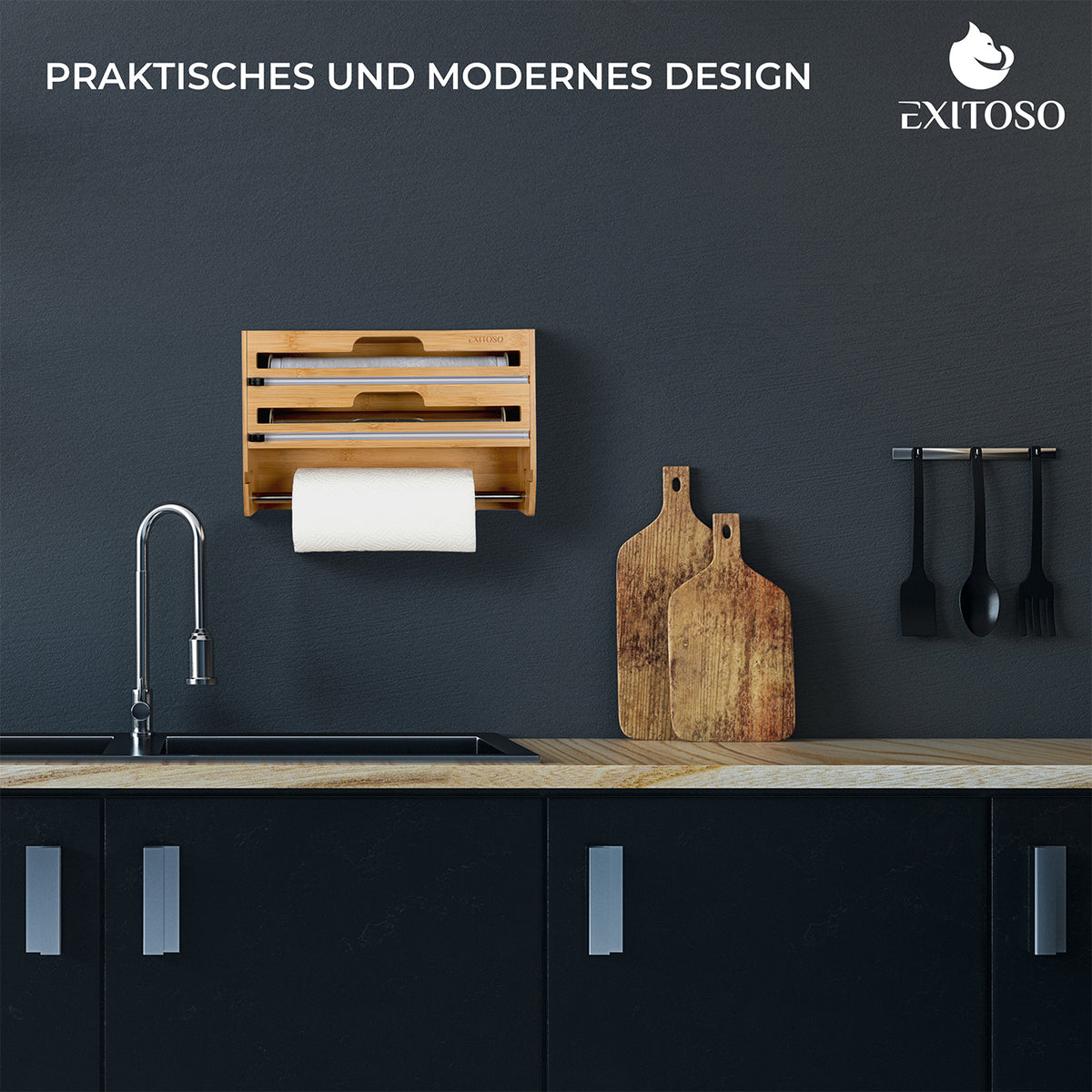 3 in 1 Folienschneider + Wandrollenhalter + Frischhaltefolienspender in modernem Design für Küchenpapier, Alufolie und Frischhaltefolie.