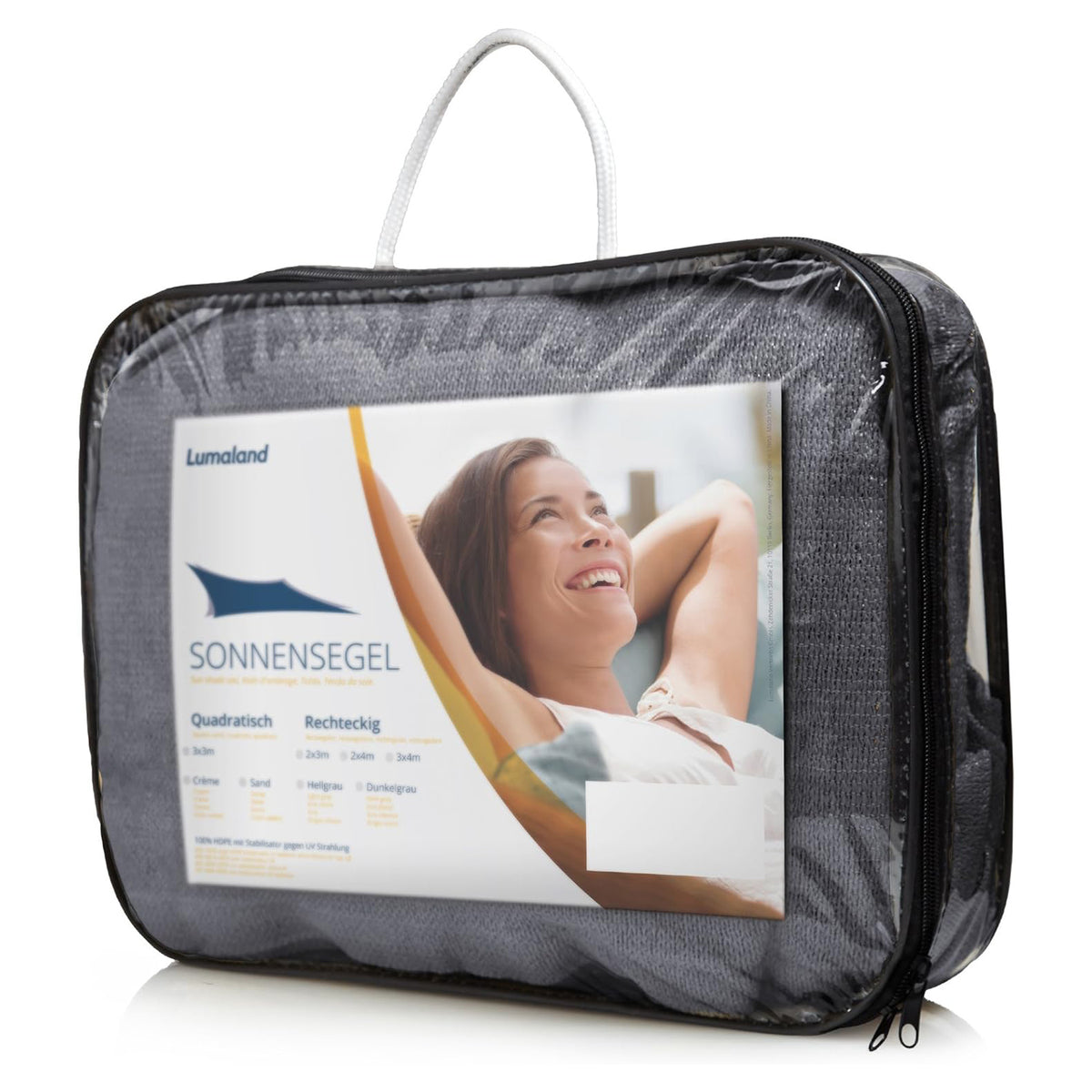 Sonnensegel 100% HDPE mit Stabilisator für UV-Schutz - Rechteck 3 x 4 Meter - Dunkelgrau in stabiler Verpackung verpackt.