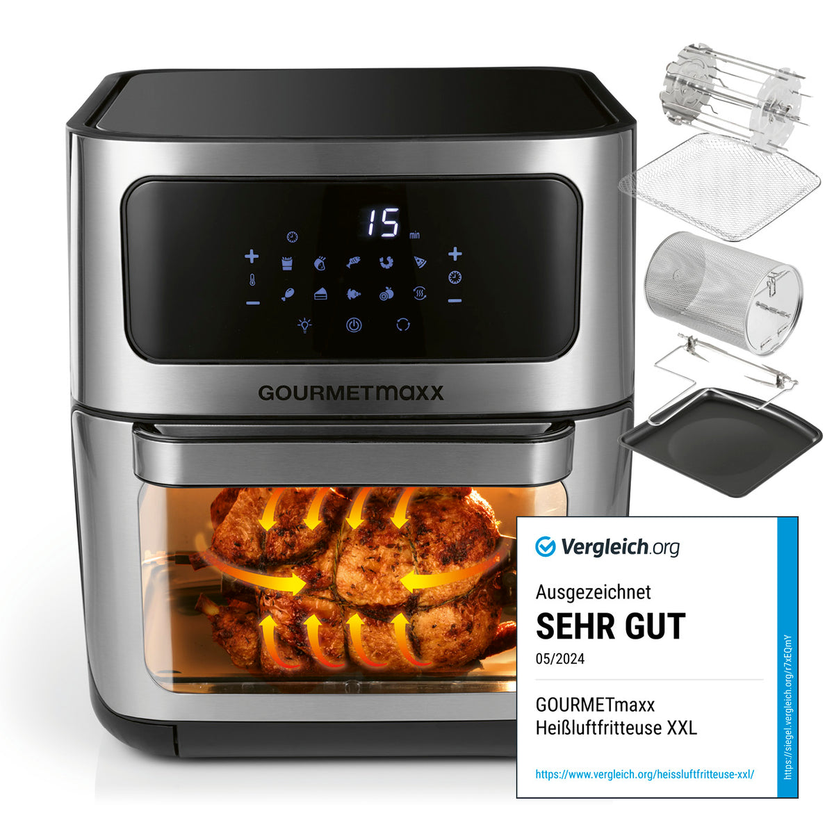 Heißluft-Ofen Digital mit Sichtfenster - 12l mit Touchdisplay, Innenbeleuchtung und vielseitigen Grill- und Frittierfunktionen.