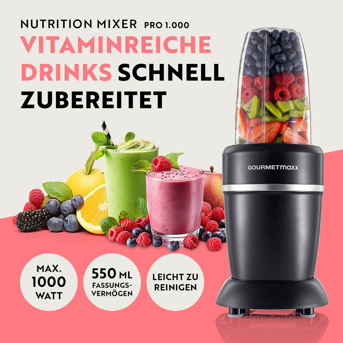 Nutrition Mixer Pro 1.000 mit Basis-Set M Schwarz/Silber, kompakter Standmixer mit 1000-W-Motor und 550-ml-Mixbecher für vitaminreiche Drinks.