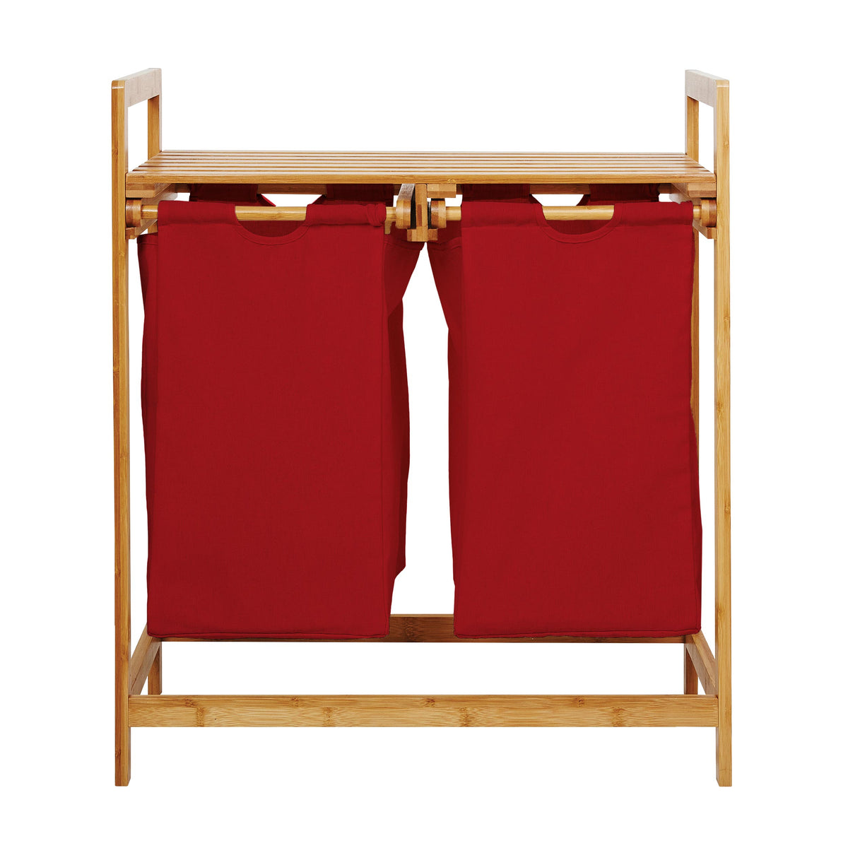 Bambus Wäschekorb mit 2 ausziehbaren roten Wäschesäcken 73 x 64 x 33 cm, wasserabweisend, mit Ablagefläche.
