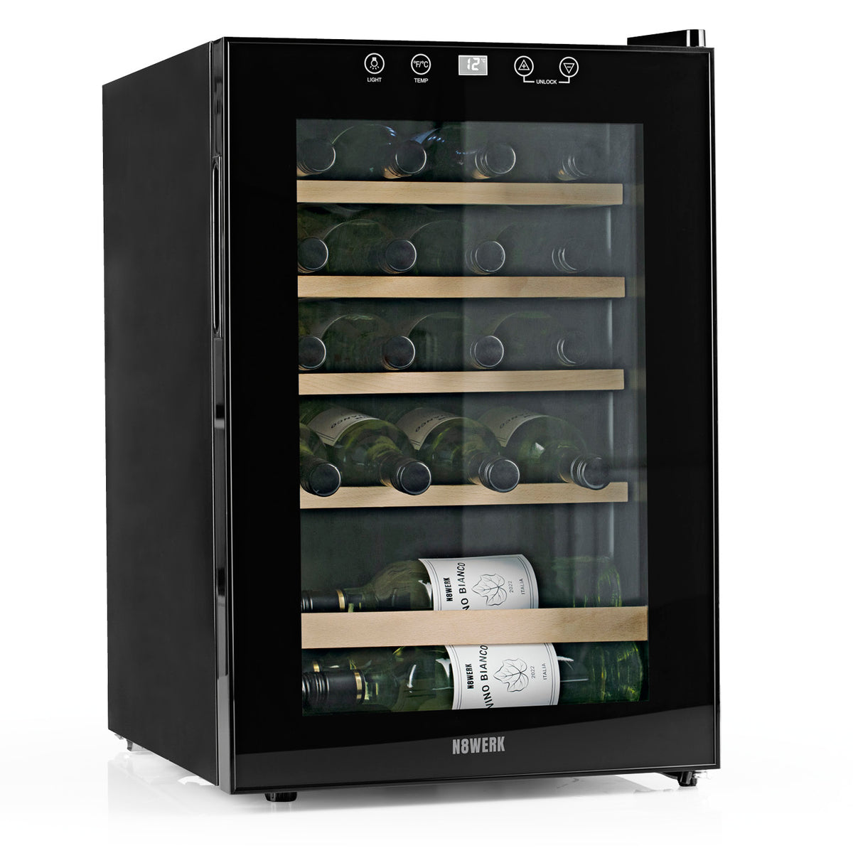 Weinkühlschrank - 20 Flaschen mit LED-Beleuchtung, 4-18 °C Temperaturbereich, vibrationsfrei und geräuscharm für Wohnräume.