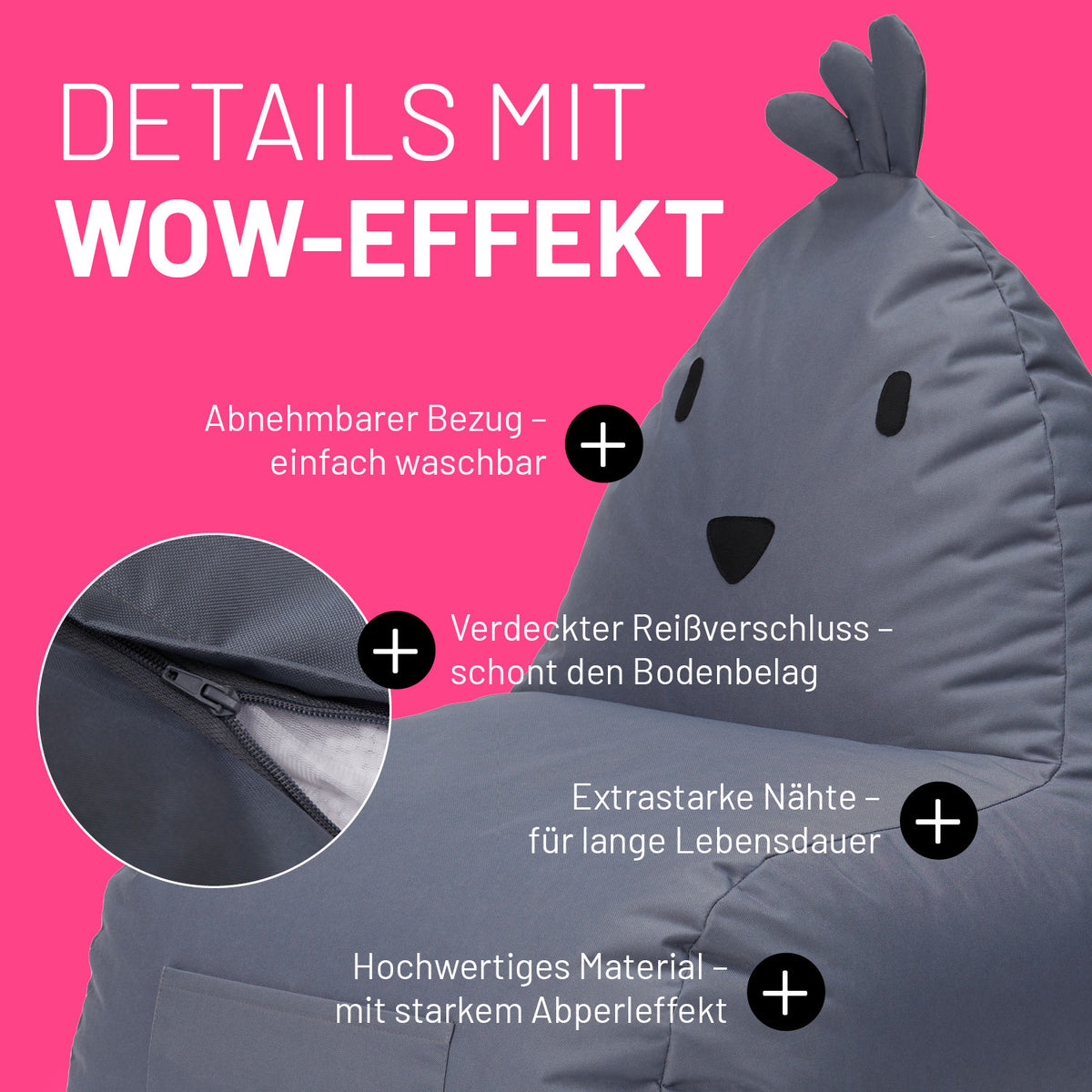Kindersitzsack Animal Line Chick (200 L) Stahlgrau, wasserabweisend, abnehmbarer Bezug, verdeckter Reißverschluss, robuste Nähte, waschbar.