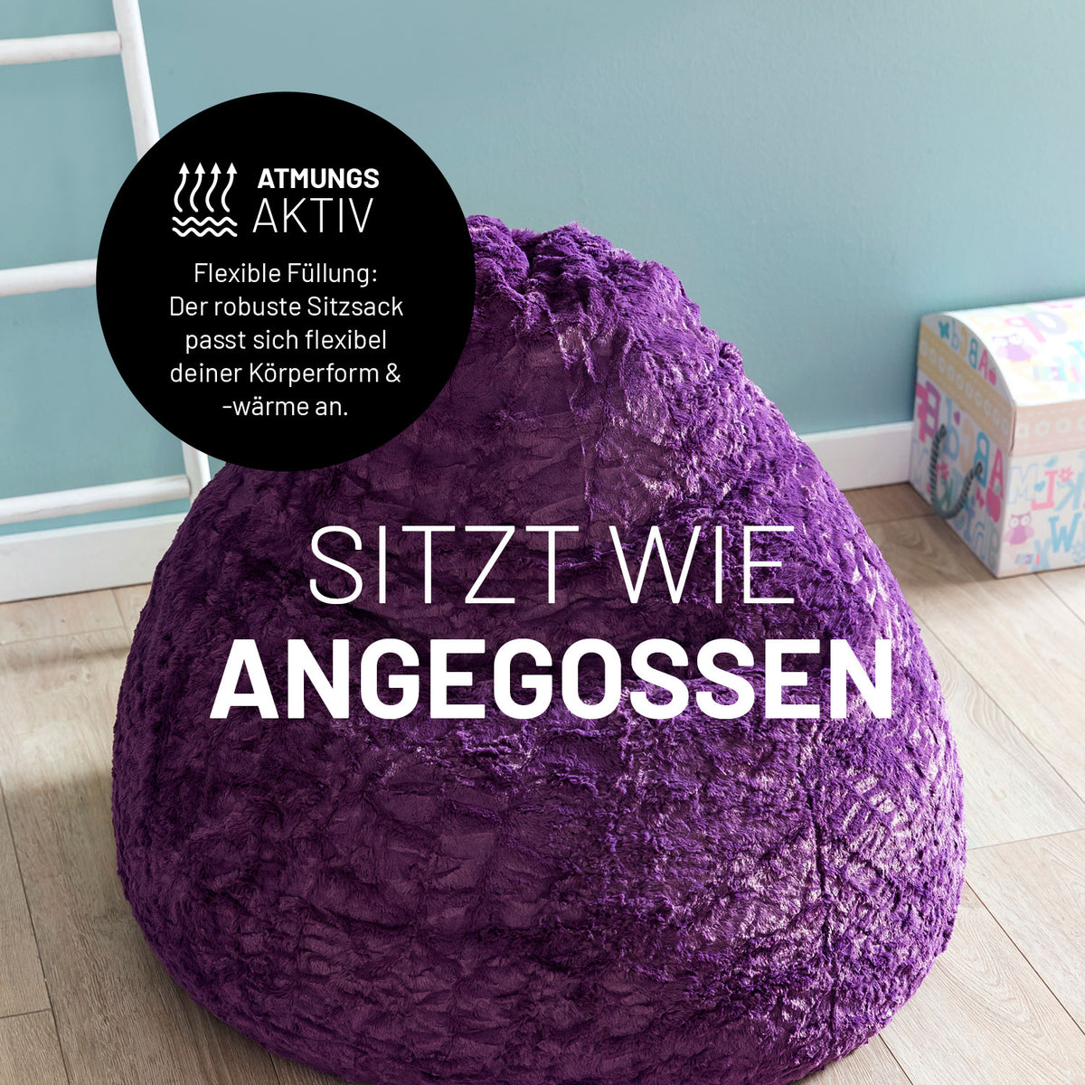Luxury Fluffy Sitzsack (120 L) in Lila aus weichem Webplüsch, flexibel und atmungsaktiv, passt sich Körperform und Wärme an.
