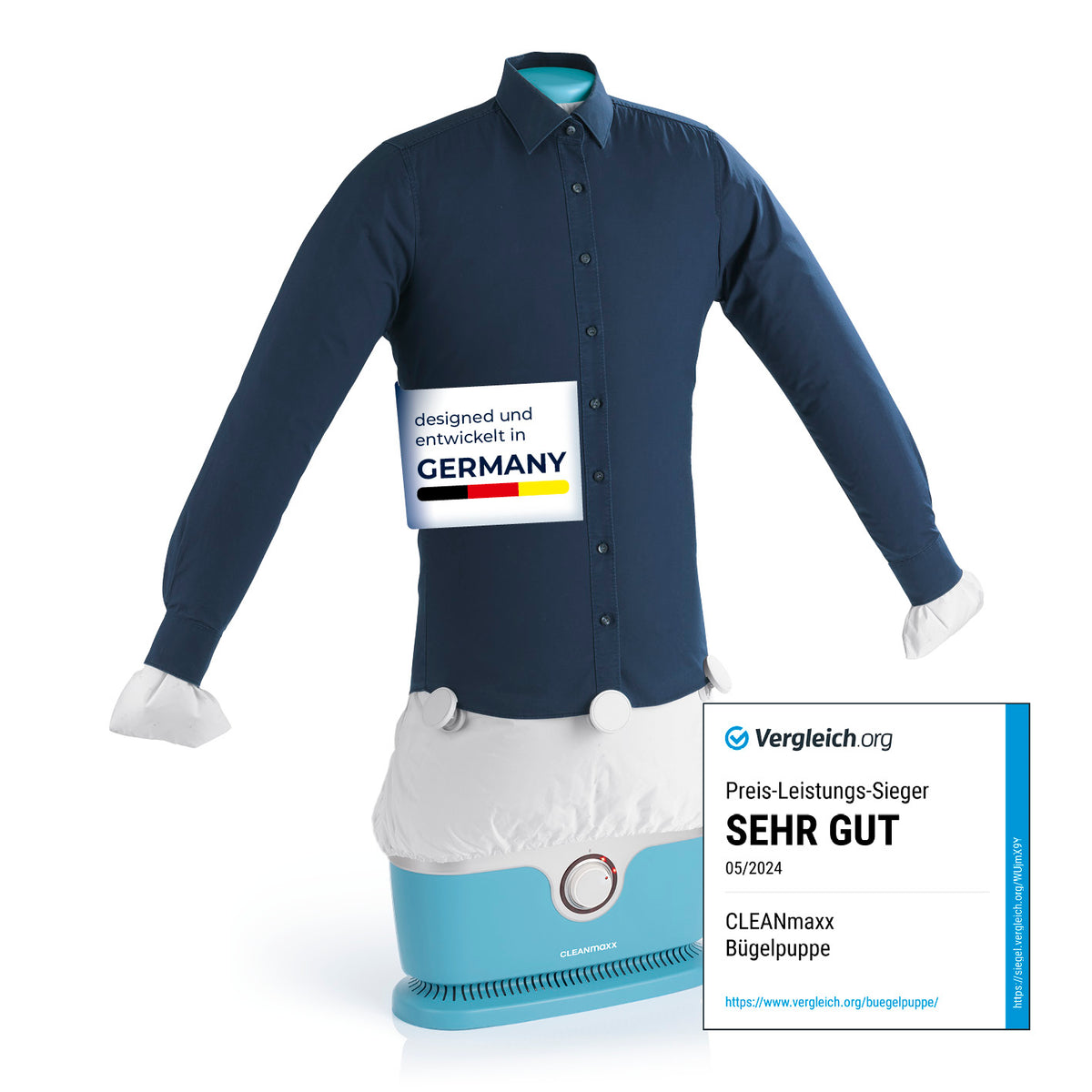 Hemdenbügler PRO - Blau mit automatischer Bügelpuppe, ideal für faltenfreie Hemden, entwickelt in Deutschland, Leistung: 1800 Watt.