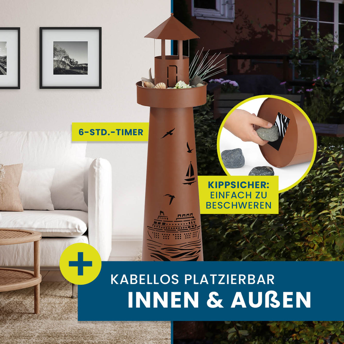 LED Deko-Leuchtturm in Rost-Optik mit maritimem Design, LED-Beleuchtung, Timerfunktion und Platz für Blumen, kabelos für Innen und Außen.