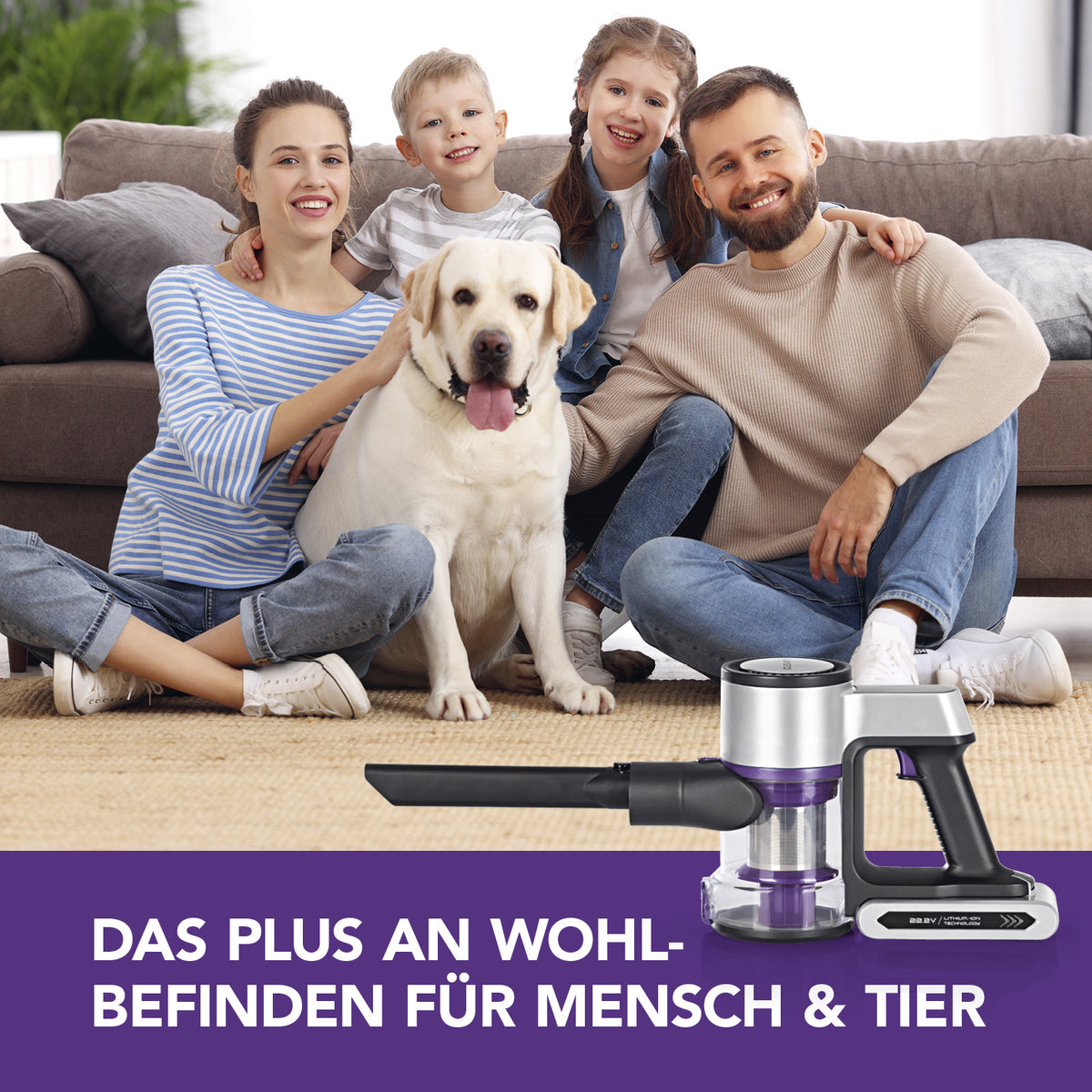 Akku-Zyklon-Staubsauger Digital-Display anthrazit/silber/lila mit starkem Akku, Touch-Display und elektrisch rotierender Bodendüse.