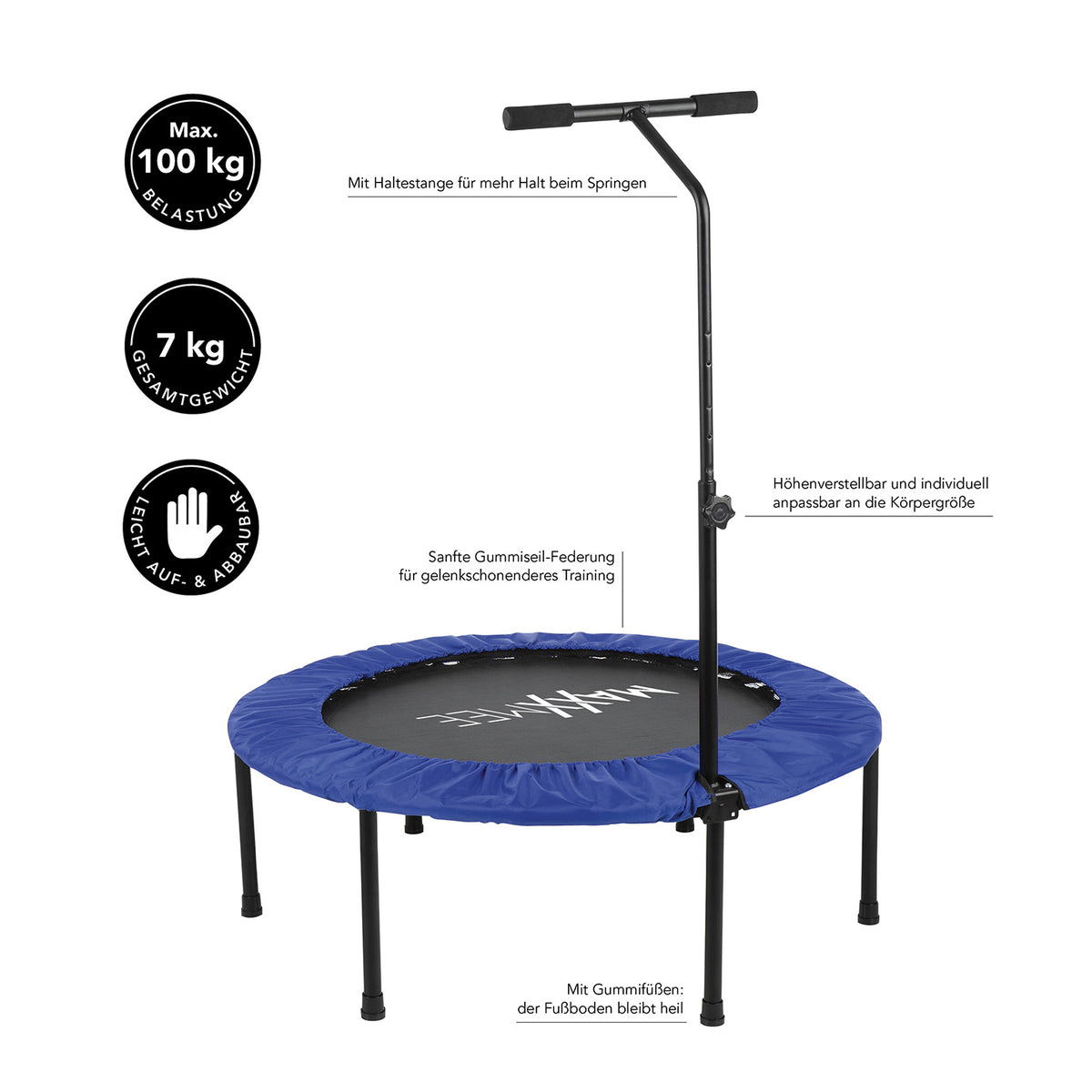 Fitness Trampolin - Mit höhenverstellbarer Haltestange blau/schwarz, 7 kg, max. 100 kg, gelenkschonende Federung, höhenverstellbar, stabil.