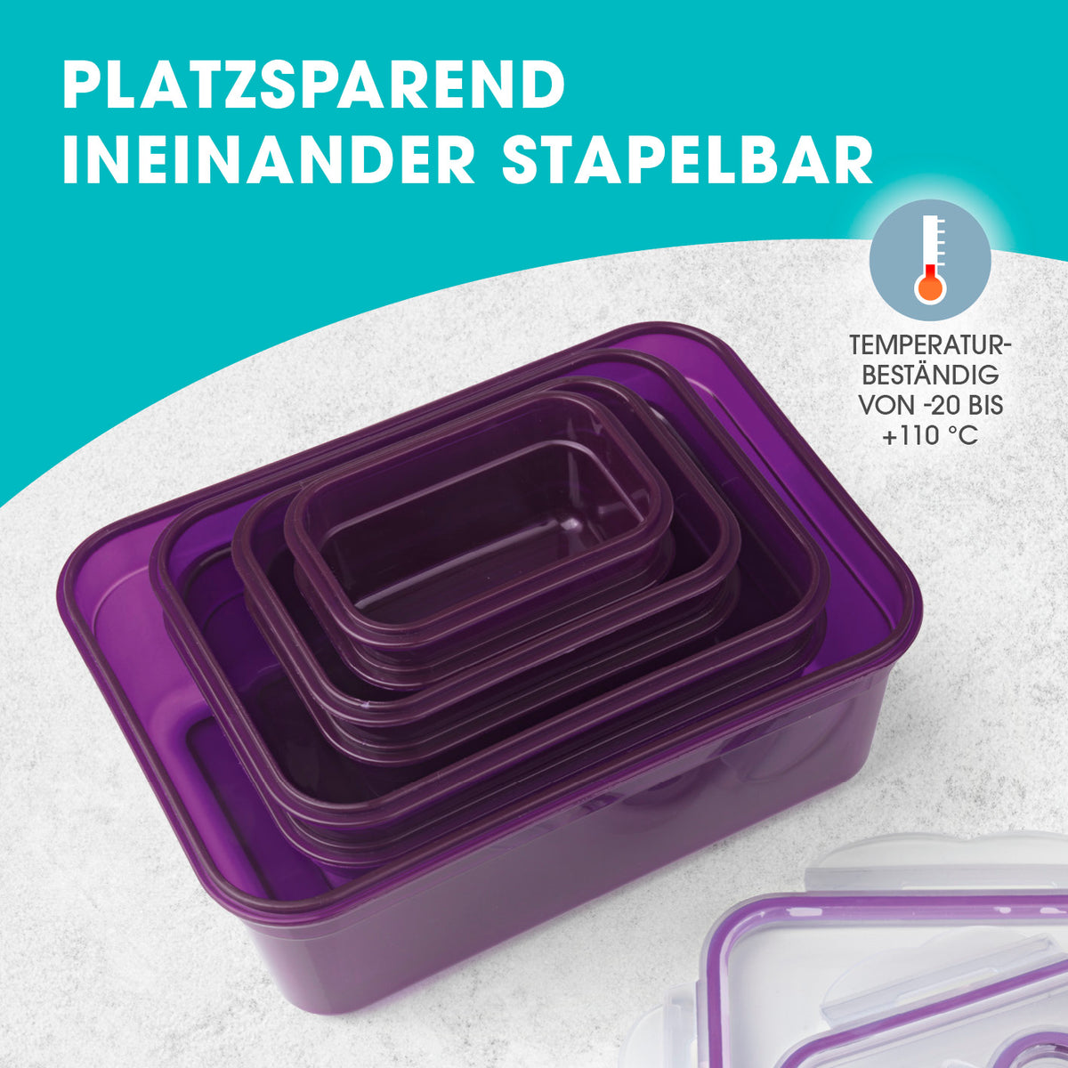Frischhaltedosen Klick-it 72-tlg. lila/pink/türkis, stapelbar, 4-fach-Klickverschluss, spülmaschinenfest, mikrowellengeeignet.