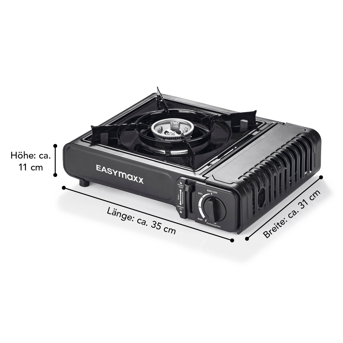 Gaskocher tragbar 2500W - Schwarz, leichter Camping-Gaskocher mit Ganzmetallgehäuse und Piezozündung, stufenlos regulierbar.