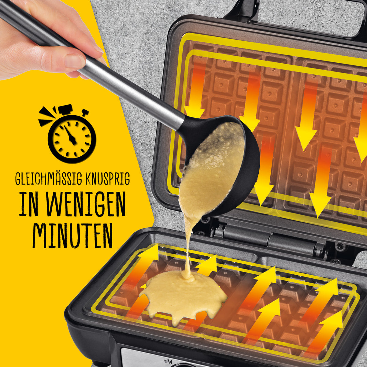Waffeleisen für Belgische Waffeln mit Heizelementen, stufenlosem Thermostat und antihaftbeschichteten Platten für knusprige Waffeln.