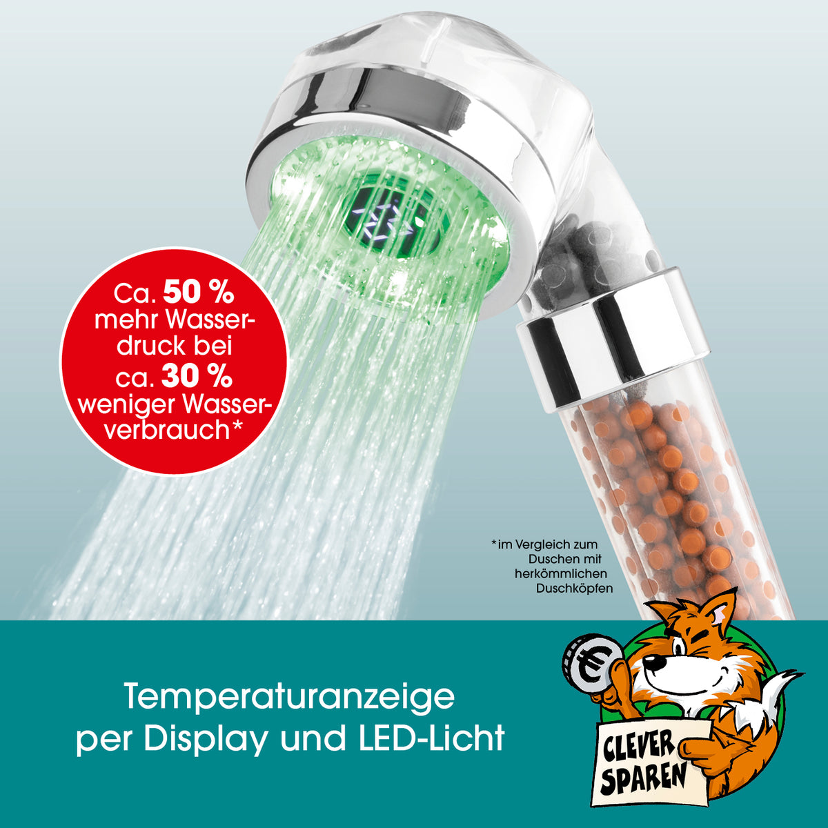 Duschkopf LED-Farbwechsel 6cm mit Mineralkugeln und digitalem Temperaturdisplay, LED-Farbwechsel für Temperaturanzeige.