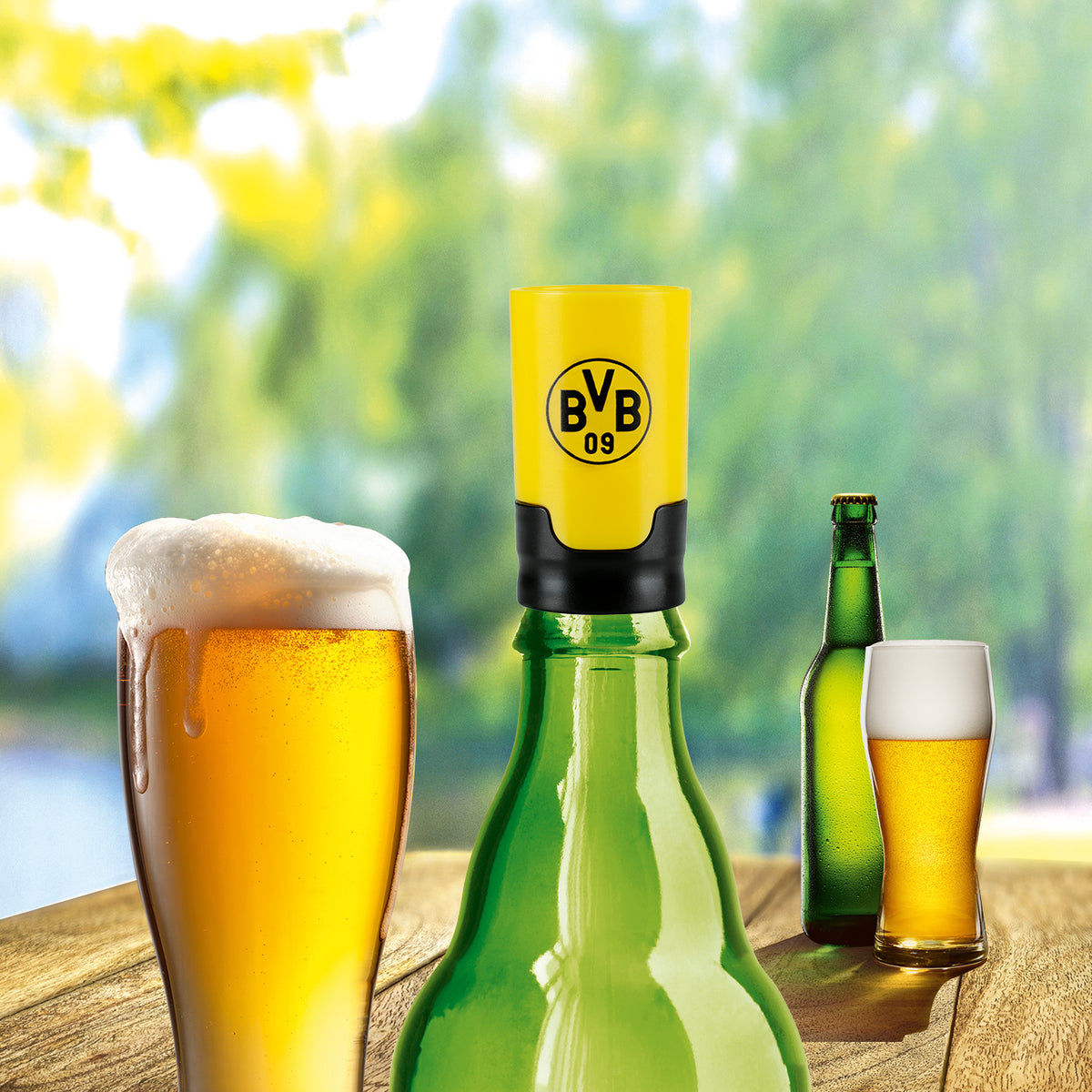 Bier-Aufbereiter im BVB-Design - 3er-Set, hält Bier frisch, mild und schützt vor Insekten, passend für Flaschen und kohlensäurehaltige Getränke.