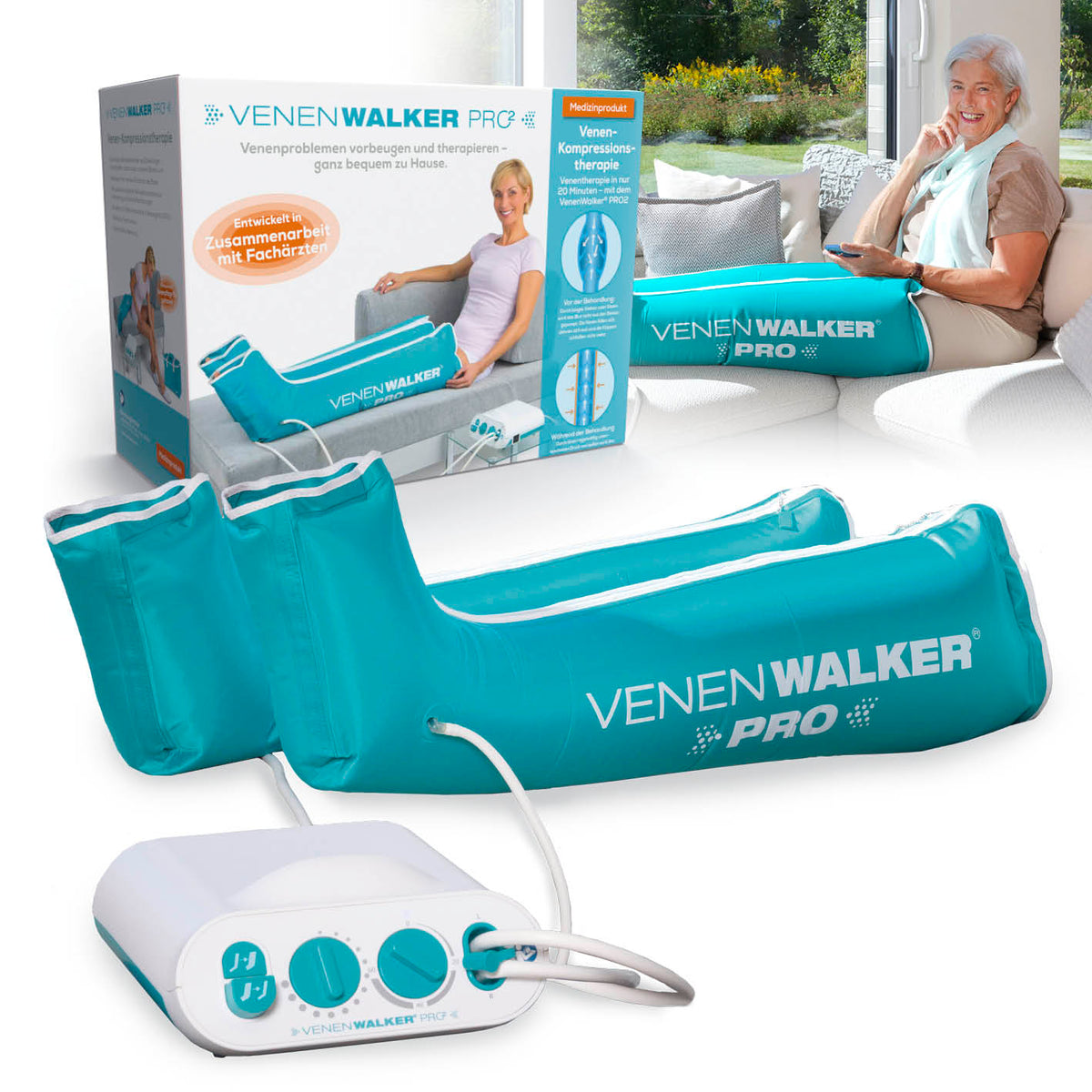 Therapiegerät VenenWalker Pro2 mit Wechseldrucktechnik zur Förderung des venösen Rückstroms bei Venenbeschwerden.