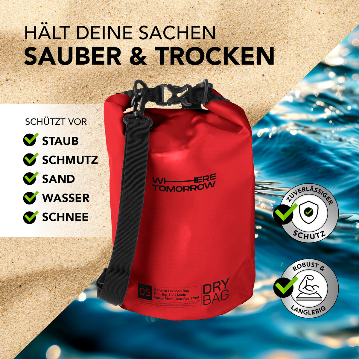 Dry Bag 5L - Style 01 - Rot, wasserdichter und robuster Outdoor-Rucksack schützt vor Staub, Schmutz, Sand, Wasser und Schnee.